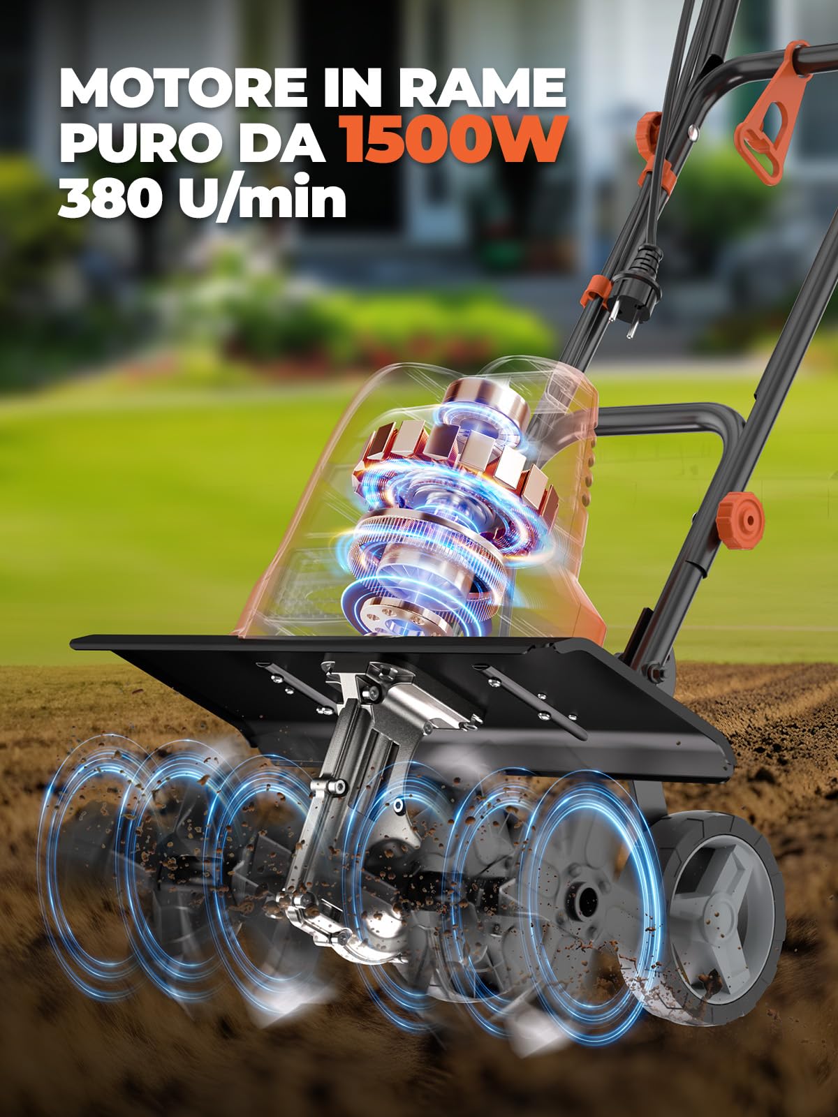 MYTOL Motozappa 1500W, Larghezza di Lavoro 45cm,Profondità 22cm, Motozappa Elettrica con 6×4 Rebbi in Acciaio Resistente, Manico Pieghevole,Doppio Pulsante di Sicurezza, Protezione da Surriscaldamento