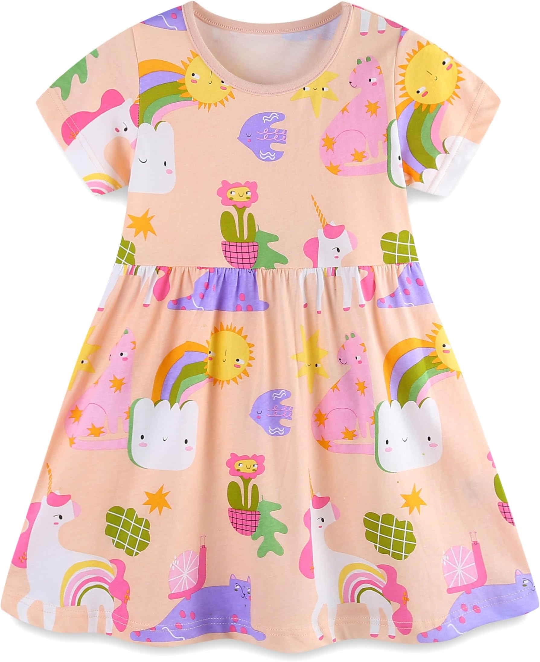 Girls Summer Dresses Unicorn Butterfly Floral Rainbow Casual Dress Cotton Shirt Cartoon Short Sleeve Sleeveless Dress for Kids Age 1-7 Years Old