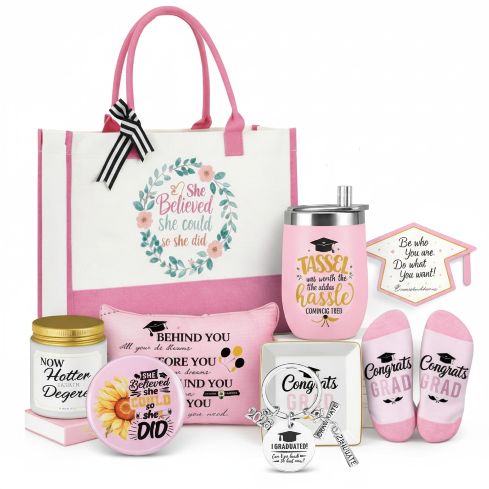10 Stück Abschlussgeschenke für Frauen, inklusive Tragetasche, Make-up-Tasche, Becher, Kerzenring-Tablett, Schlüsselanhänger und Socken, Glückwünsche, Abschlussgeschenke für Absolventen 2026