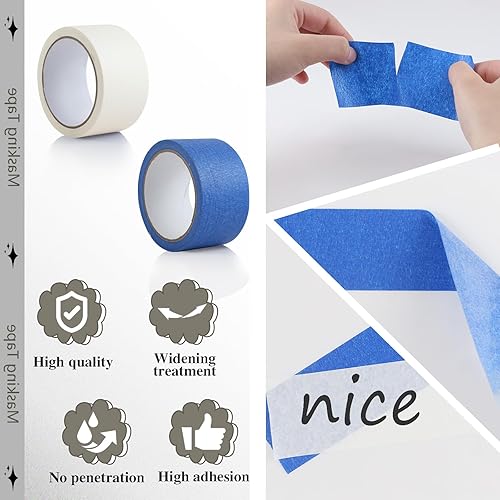 Miniatura 4 de Beiskll 2 rollos de cinta adhesiva blanca y azul, cinta para pintores multisuperficie, 2 pulgadas x 20 yardas