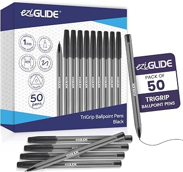 Eziglide TriGrip Black Ballpoint Pens, 50-Pack Black Pens, Triangular Grip