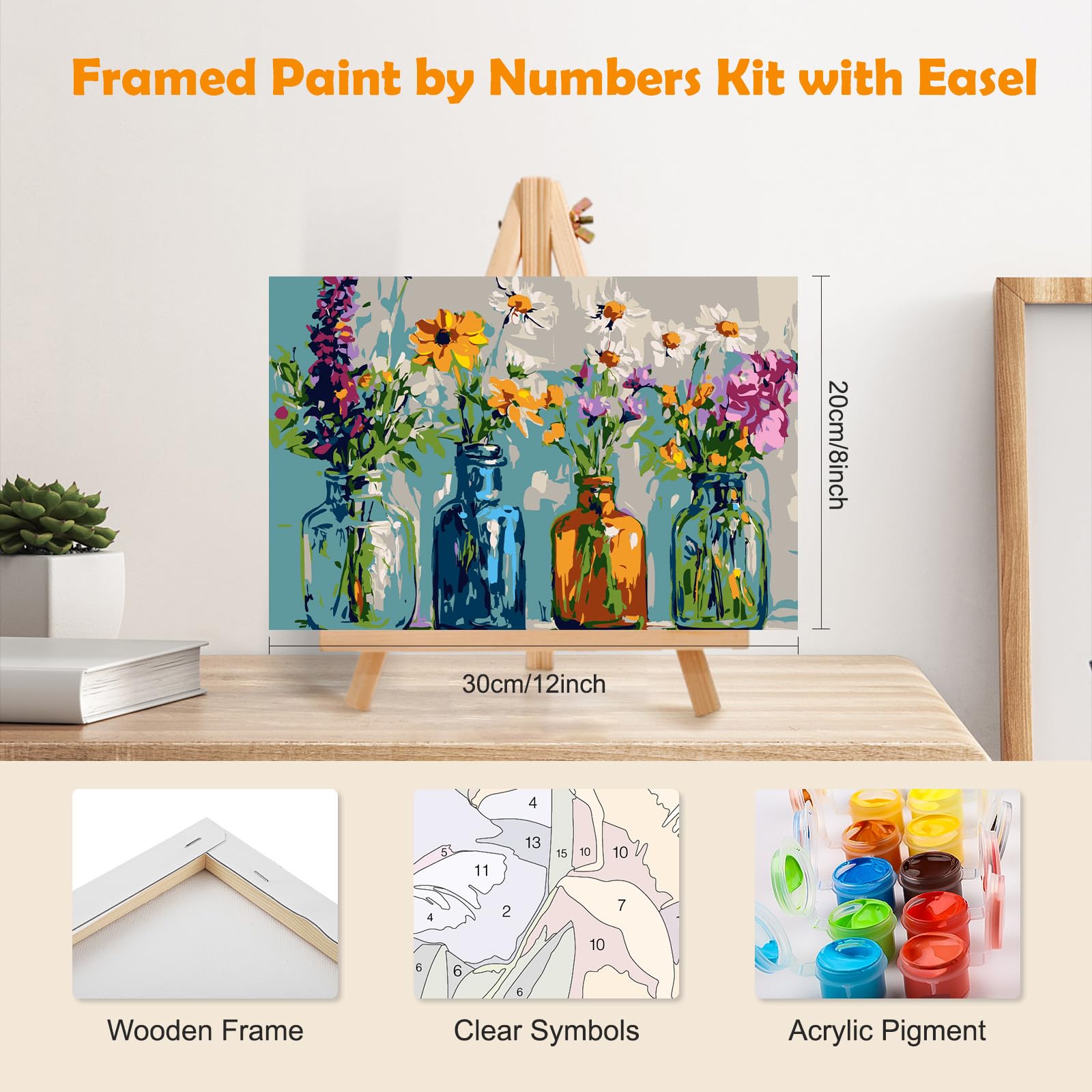 MOGTAA Peinture Par Numéros Adulte Enfant Avec Cadre & Chevalet - Paysage Fleurs 20x30cm, Kit DIY Complet Décoration Murale