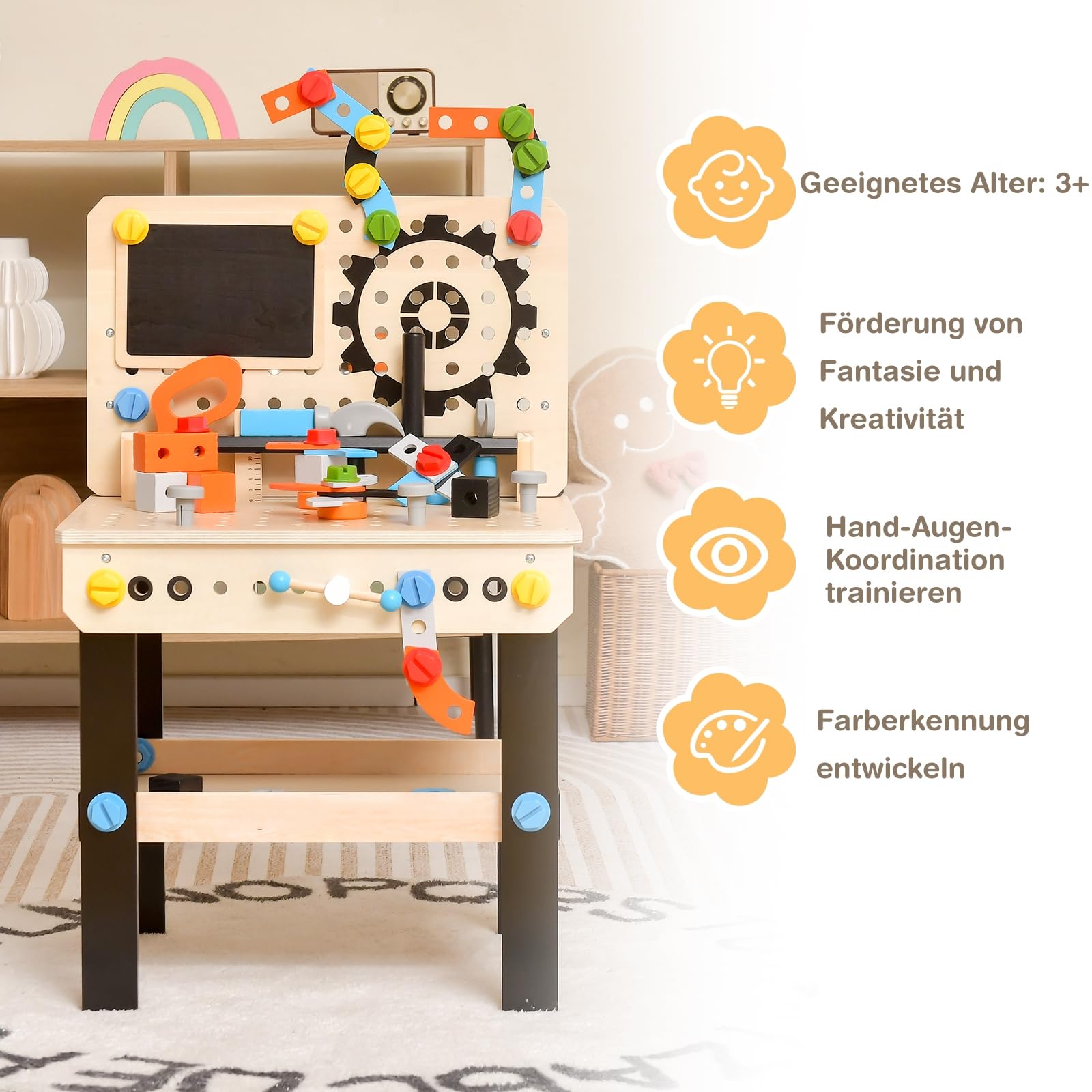 GOPLUS Kinderwerkbank mit Arbeitsplatte, hängendes Werkzeugregal & offene Ablage, Werkzeugbank aus Holz mit 6er Werkzeuge & 75 Holzteile, Holzwerkbank für Kinder ab 3 Jahre
