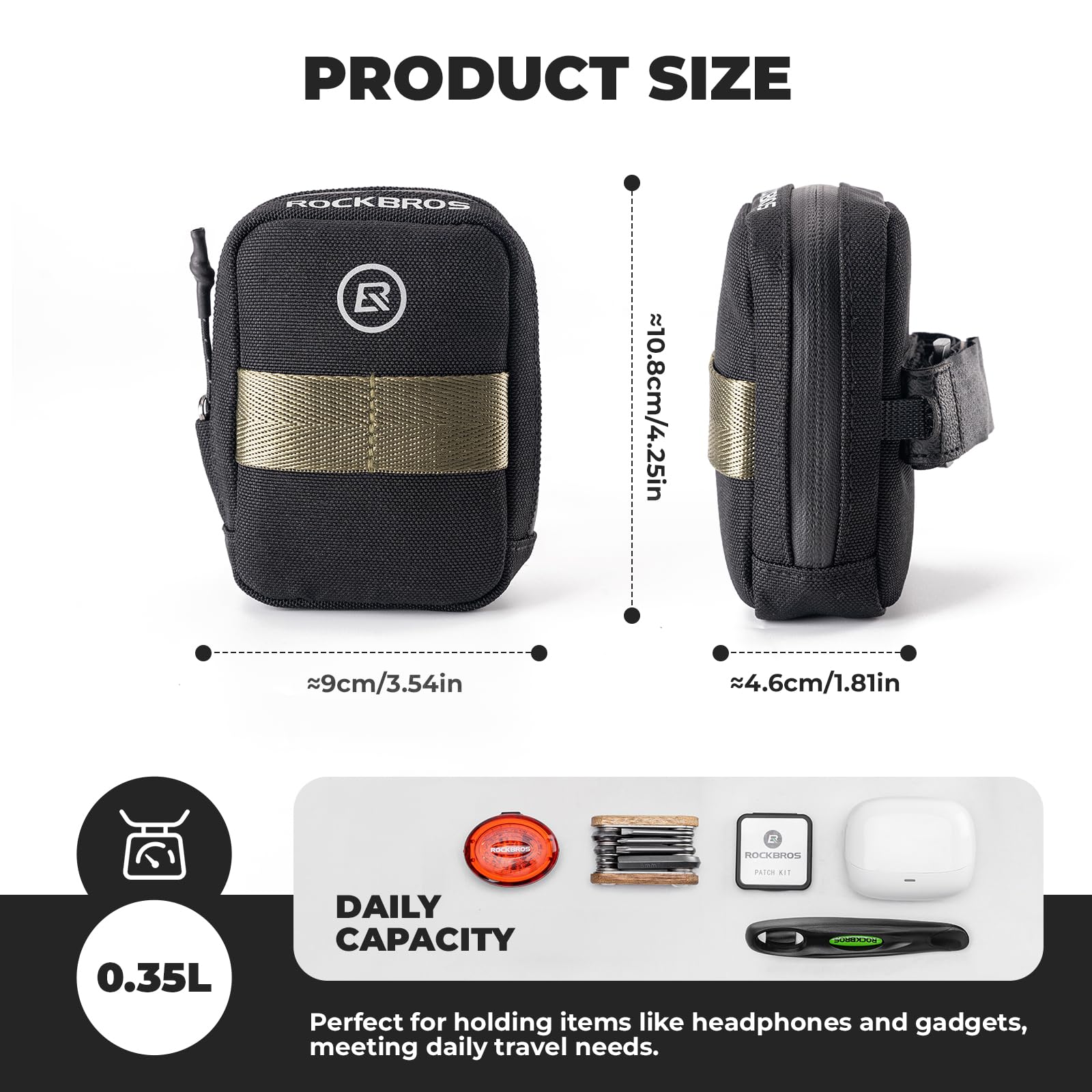 ROCKBROS Sacoche de Selle Vélo Arrière Mini Sac de Queue 0,35L Rangement Gonfleur de CO2 pour Vélo Sac de Siège Réfléchissant Sangle Scratch Universel Léger pour Cyclisme VTT Scooter Noir