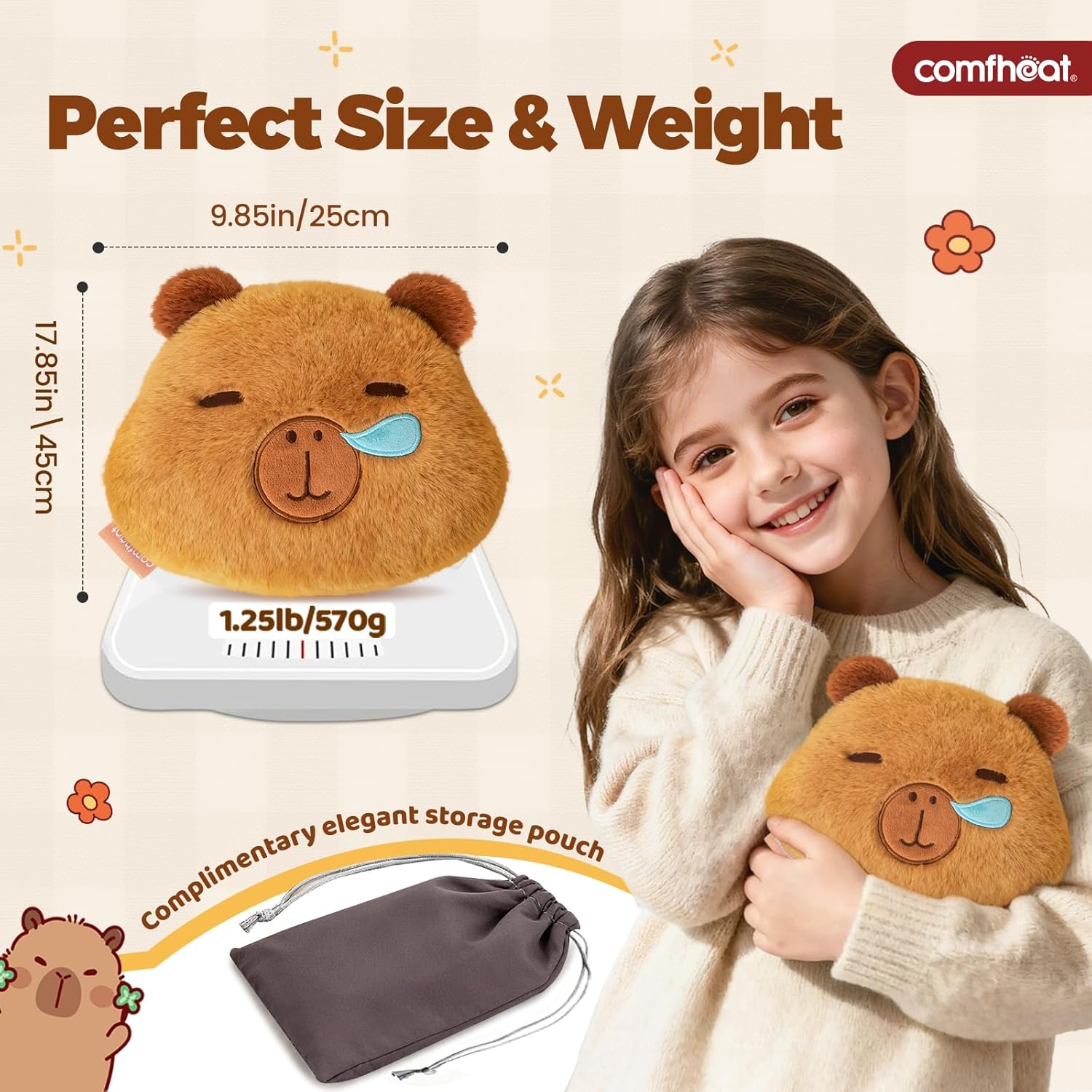 Capybara heating pad showing dimensions and weight