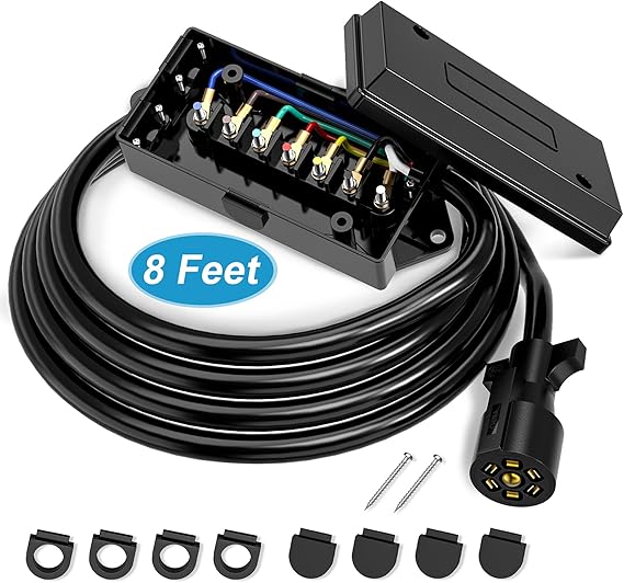 Kohree 7 Way Trailer Plug Cord with 7 Gang Waterproof Junction Box, Trailer  Connector Cable Wiring Harness 8 FT for RV Truck Camper