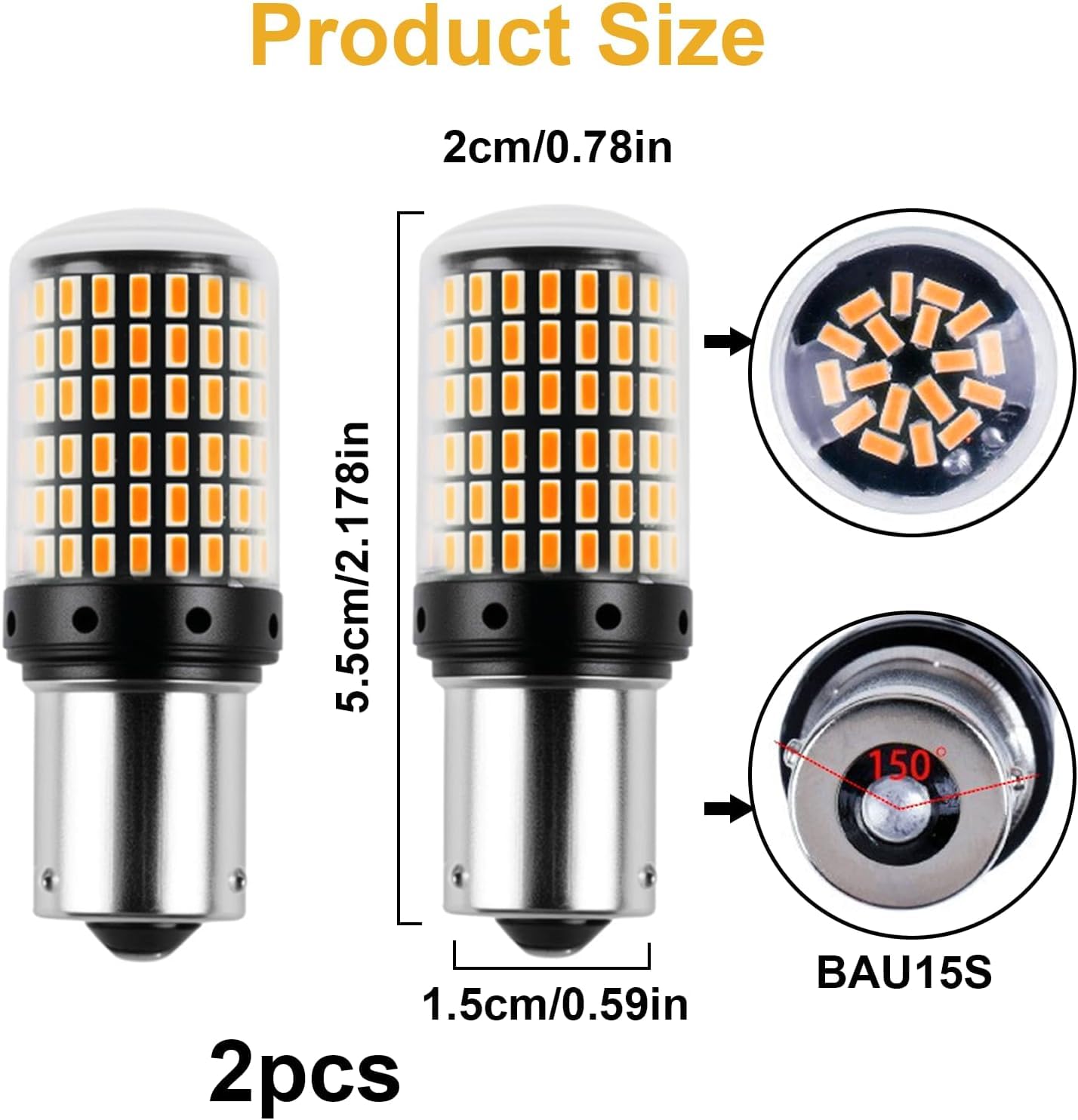2 sztuki żarówki wskaźnikowe PY21W 581 Amber Yellow 1156 BAU15S LED, bez błędów Canbus, 2800 lm, super jasne przednie i tylne światła kierunkowskazów, 12-24 V, 30 W, 7440, 144 SMD, uniwersalne
