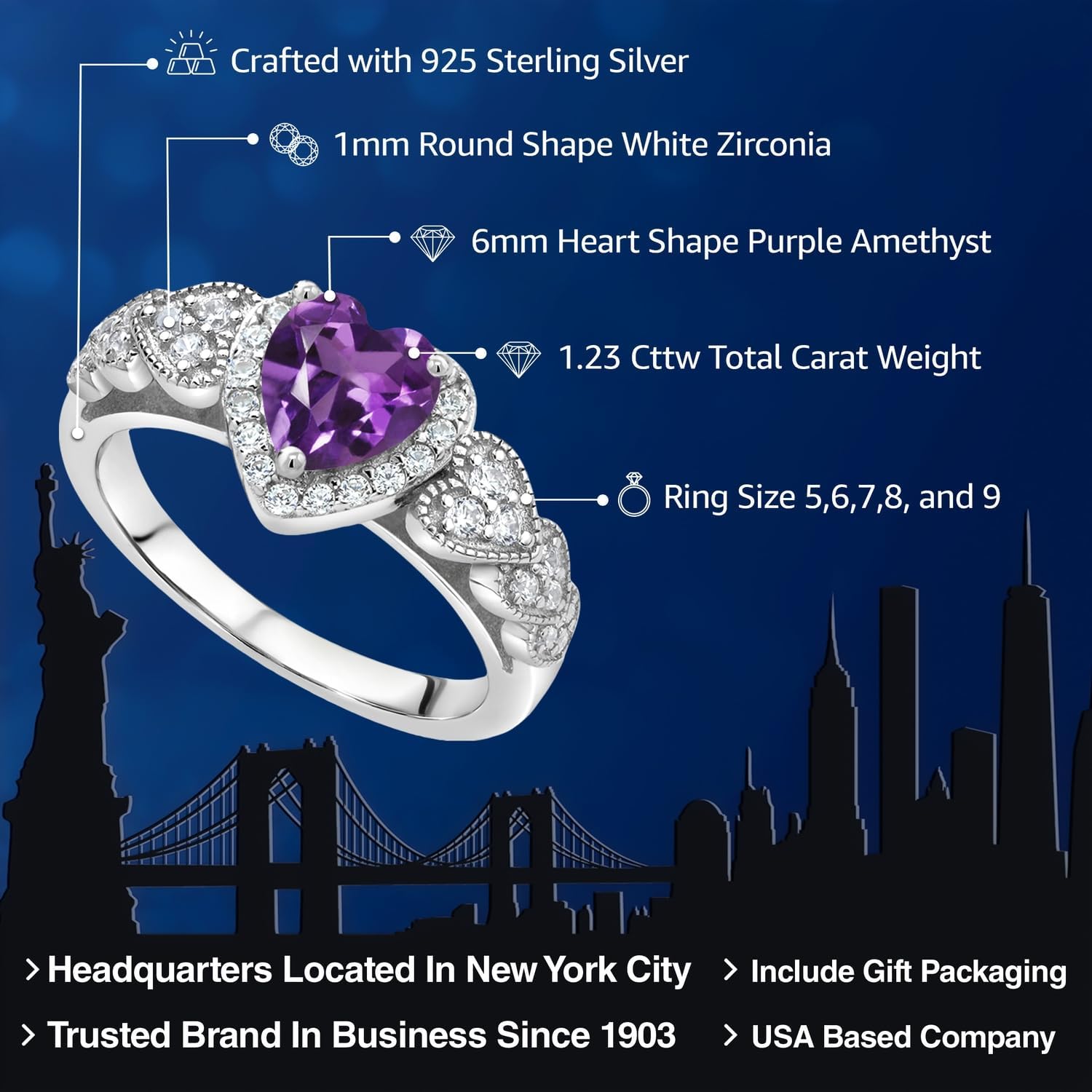 Gem Stone King 6MM Heart Shape Engagement Ring For Women | 925 Sterling Silver | Gemstone Birthstone | Wedding Engagement Anniversary Promise Ring | Available In Size 5, 6, 7, 8, 9