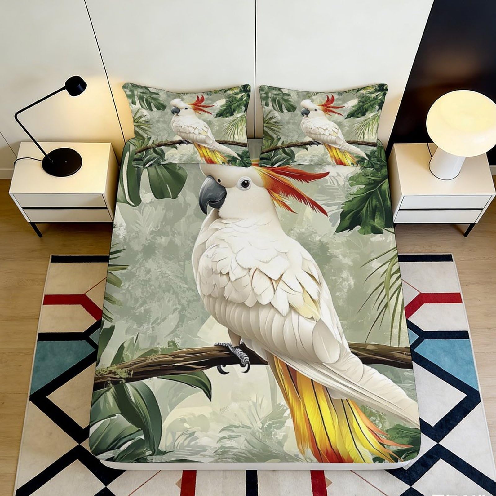 3D Printed Tropical Parrot Fitted Sheet Microfiber Soft Bird Branch Mattress Cover for Bedroom Decor Dorm Room Protection 90x200x25cm