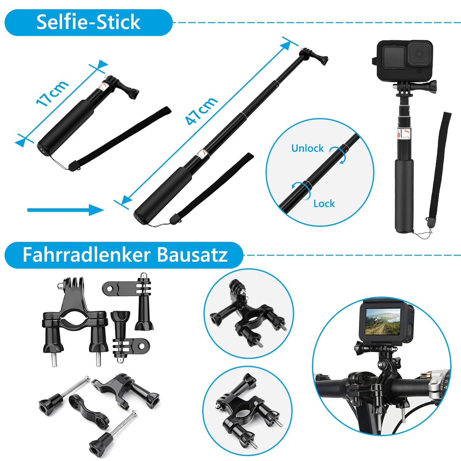 Zubehör Set Kit Bundle für GoPro Hero 13 Black, oGoDeal Wasserdicht Schutzhülle Wasserdicht Gehäuse Schnorcheln Zubehör Fahrradhalterung Selfie-Stange Kopfgurt für GoPro Hero 13