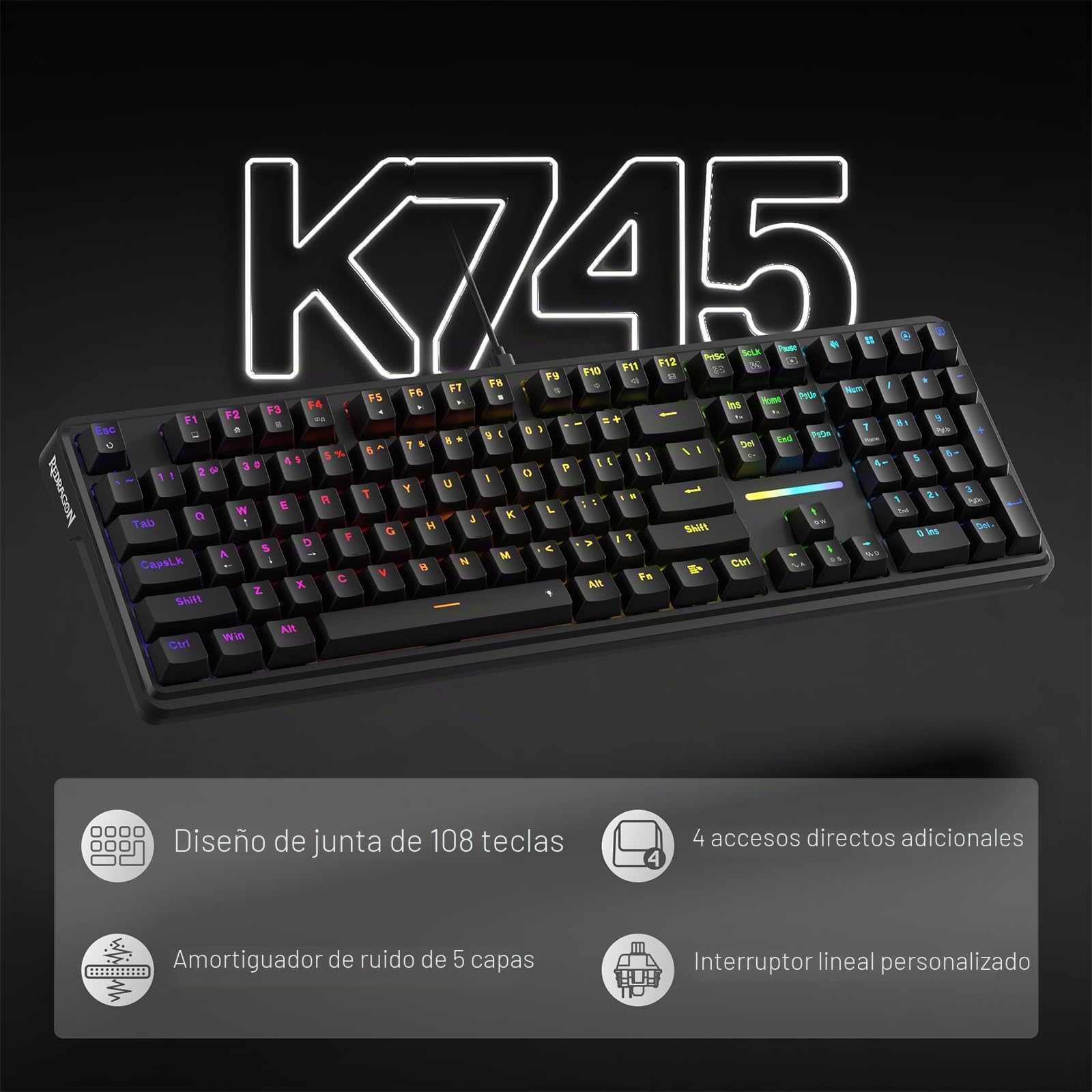 Redragon K745 Teclado Gaming RGB Gasket Cableado 108+4 Teclas Acceso Rápido | Enchufe Hot Swap Mejorado 5 Capas Amortiguación Ruido Mecánico 4 Teclas Adicionales