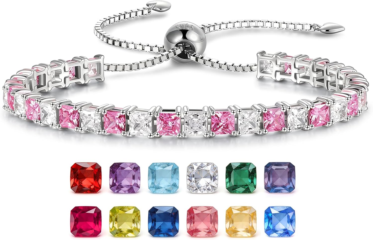 Sterling Silver 4mm Princess Cut Birthstone Bracelet for Women, Adjustable 6-9in Slider Clasp Hypoallergenic Bolo Tennis Bracelet, Wedding Anniversary Birthday Trendy Gift