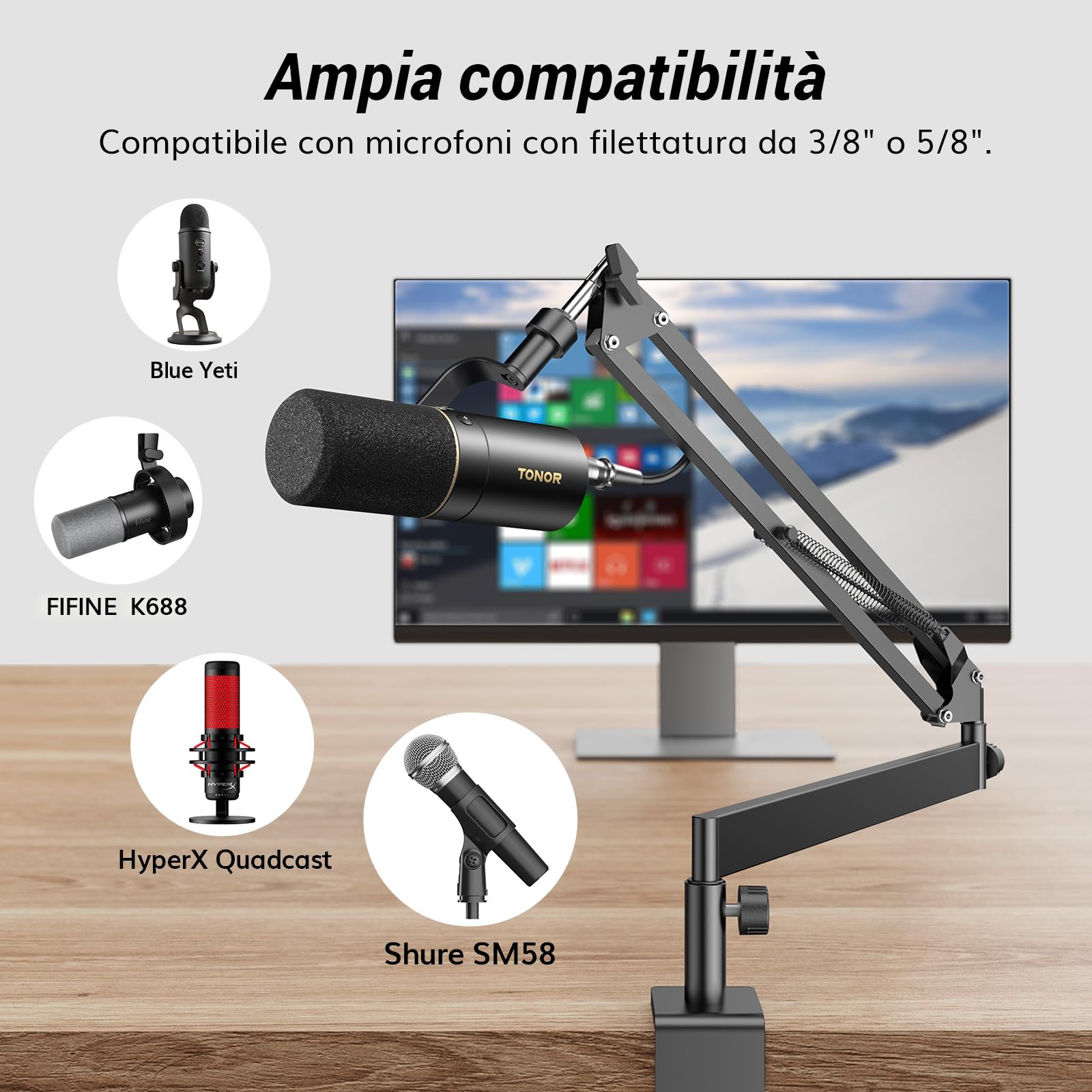 TONOR Braccio del microfono, Supporto per Micro a Basso Profilo per Podcasting/streaming, Completamente Regolabile a 360°, Ruotabile a 90° e Pieghevole per Podcast/Giochi, 38 cm +35 cm, Nero, T20LP