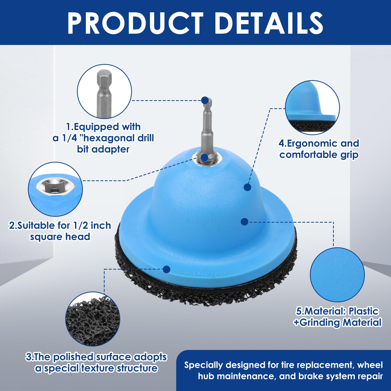 Strumento per la pulizia del mozzo ruota, kit professionale per smerigliatrice mozzo ruota da 15,2 cm con attacco quadrato da 1/2", strumento per la pulizia dei perni del mozzo del freno
