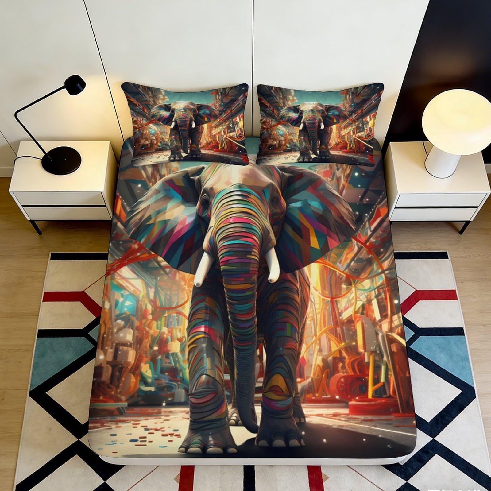 Pnayamiorkfel Style-8 3D Printed Colourful Elephant Fitted Sheet Microfiber Soft Decor Abstract City Bed Cover For Bedroom Guest Room 90X200x25cm