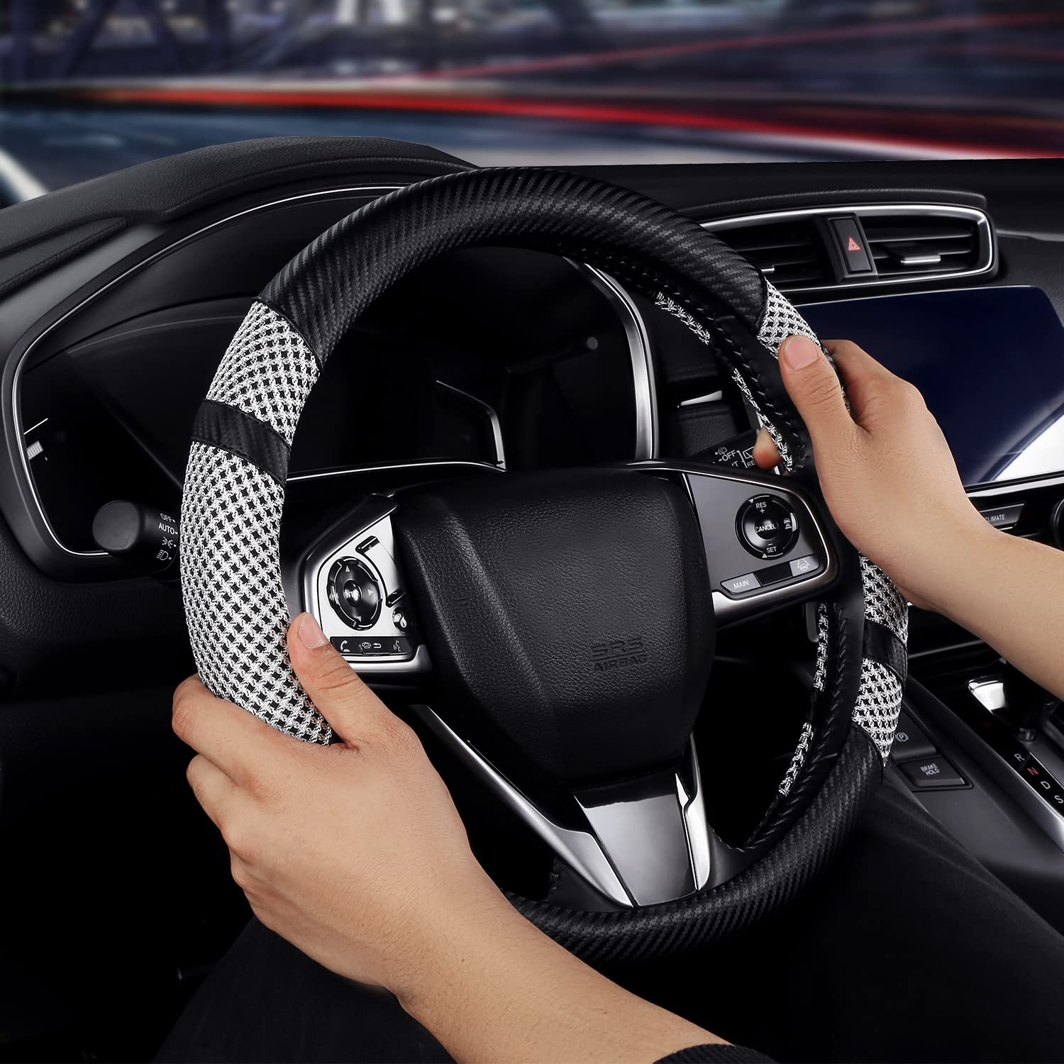 BOKIN Carbon Fiber Steering Wheel Cover, Universal 14.5-15 inch, Auto Car Microfiber Leather, Breathable Ice Silk Steering Wheel Protector, Cool in Summer and Warm in Winter, Carbon Fiber Gray