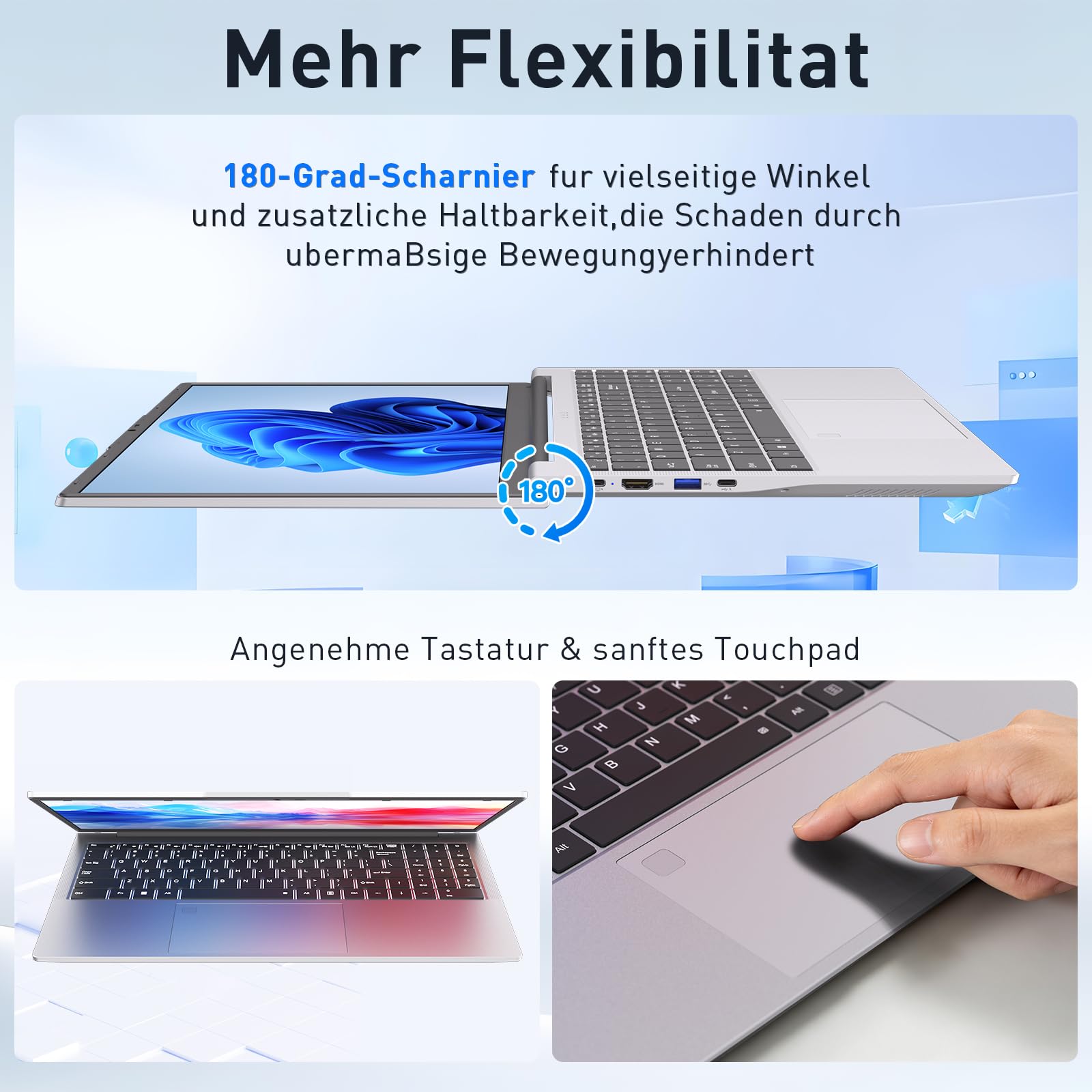Auusda Laptop 15,6 Zoll Notebook, 16GB DDR4 RAM 512GB SSD, 3250C Prozessor, Fingerabdrucksensor, beleuchtete Tastatur, Ziffernblock, Privacy-Kameraabdeckung, leichtes Notebook für Schule & Büro