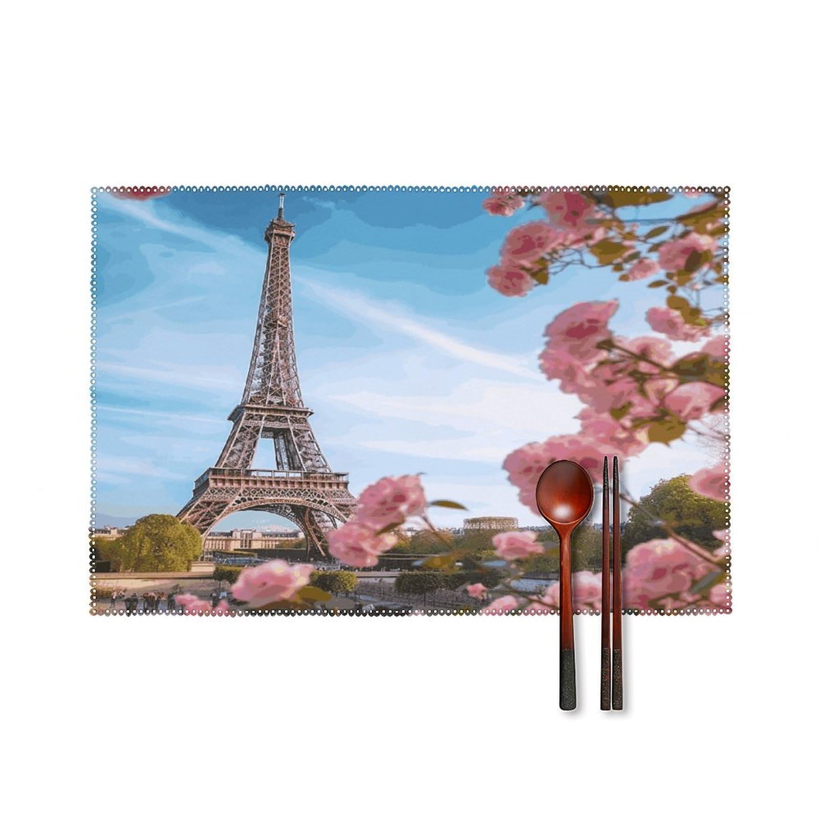 Paris Eiffel Tower with Flowers Placemats Set of 4 Canvas Place Mats Non-Slip Heat Resistant Table Mats Washable Waterproof Placemat Wipeable Tablemats for Kitchen Dining Decor Place Mat