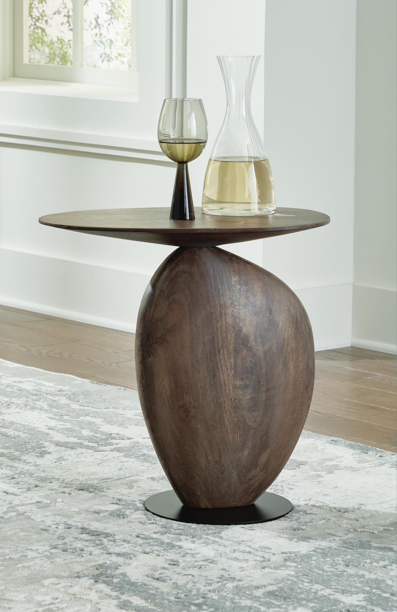 Signature Design by Ashley Cormmet Accent Table, Industrial Wood Side Table | Solid mango wood top, Industrial metal pedestal base, Space-saving design, Living room use