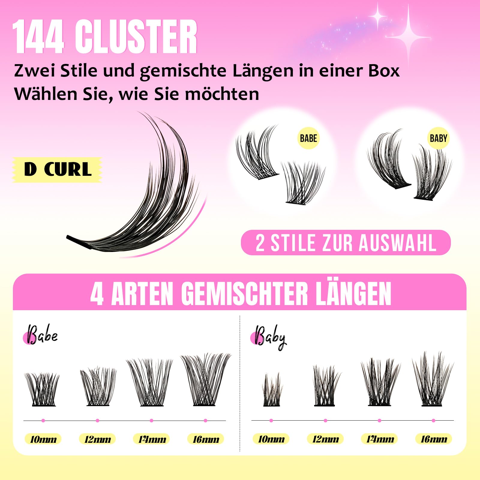 Wimpern Extensions Set Wispy Lash Extension Set 144 Stück Wimpernverlängerung Set 10-16mm D-Wimperncluster(2Style, Babe&Baby KIT)