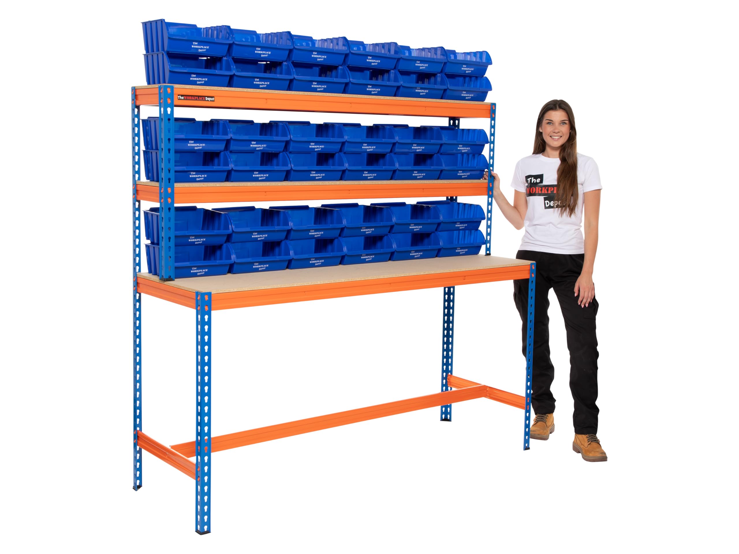 The Workplace Depot Blue/Orange Industrial Workbench With Storage Bins, Heavy Duty 400Kg Udl Workstation With Mdf Shelves (With X40 Large Bins)