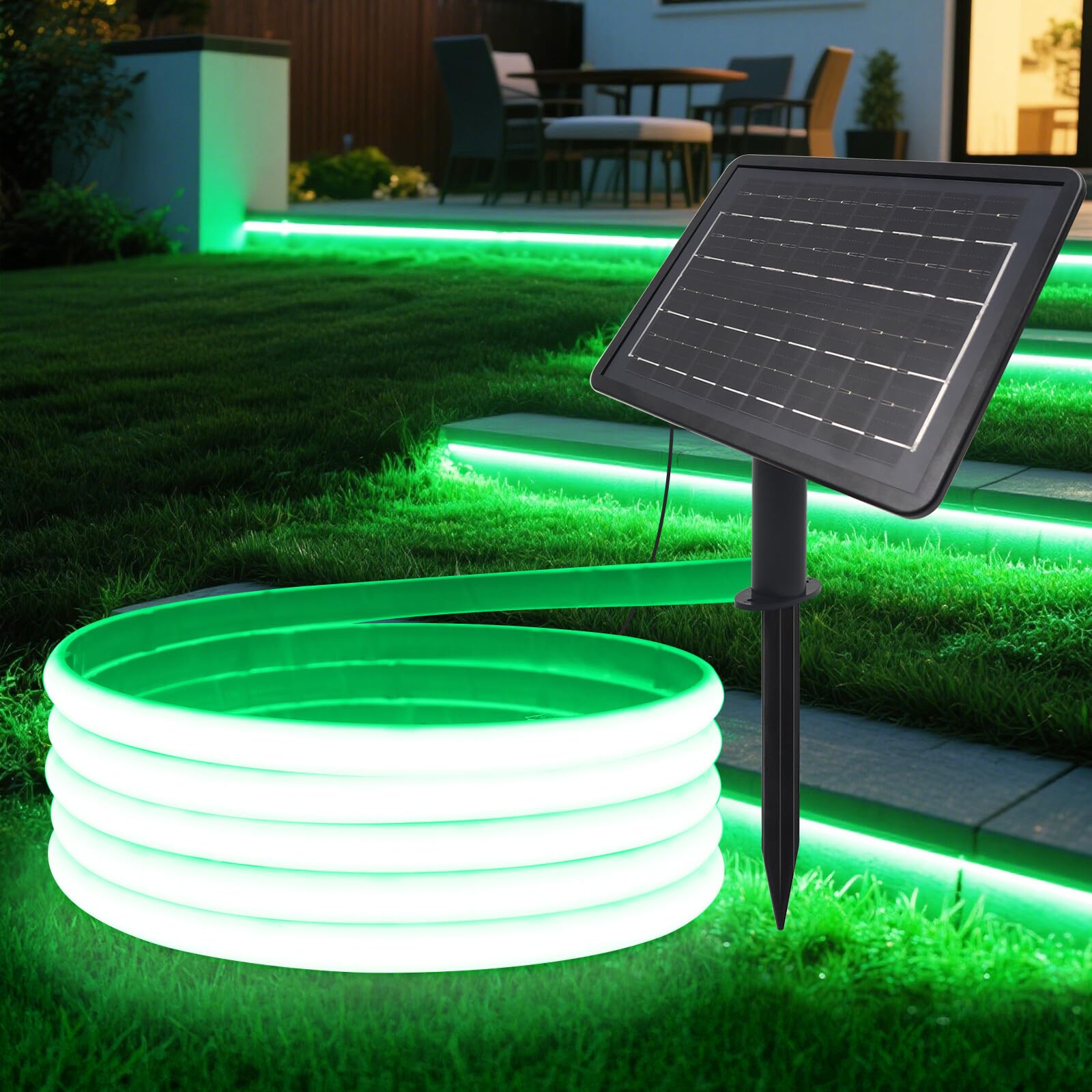 HEGEHE Solar LED Strip, Solarbetriebene COB Neon LED Streifen Außen, 320leds/m, 8 Modi, Schneidbar, IP65 Wasserdicht Diffusion Flex LED Schlauch Band für Garten, Balkon, Treppe (Grün, 8M)