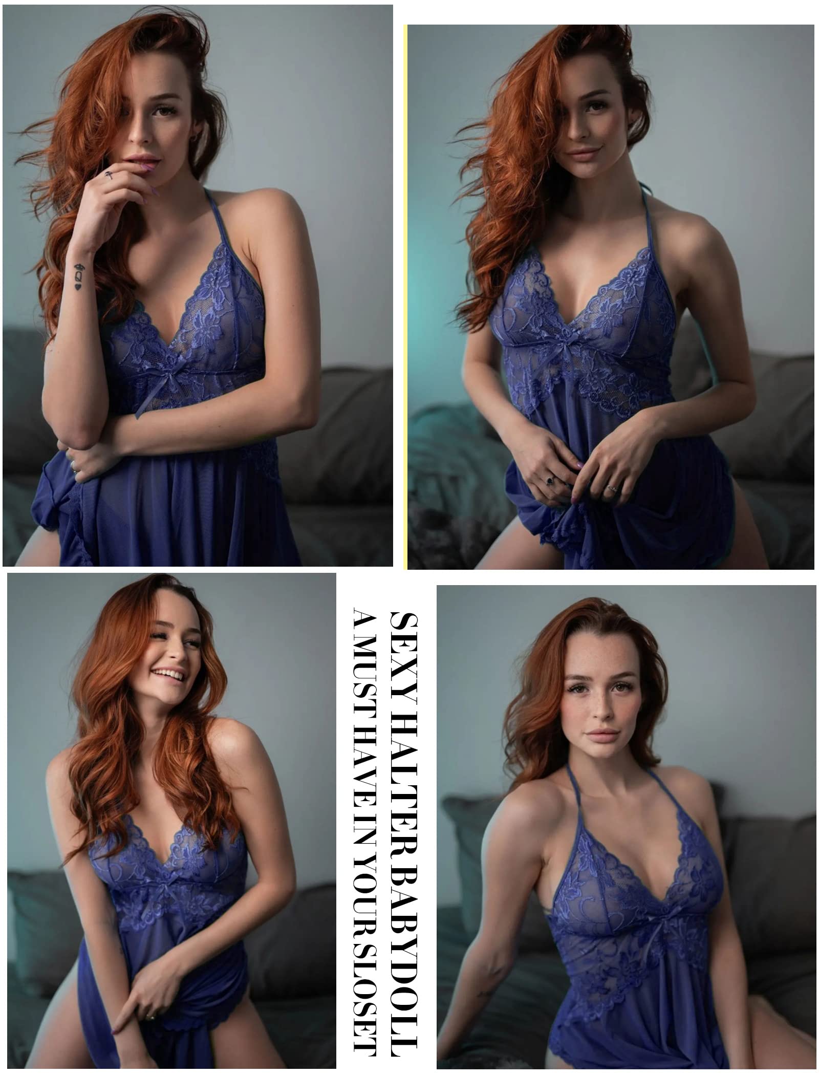 GXNRHG Lingerie pour Femmes Dentelle Nuisette Licou Chemise col en V Chemise de Nuit vêtements de Nuit Sexy Chemise de Nuit