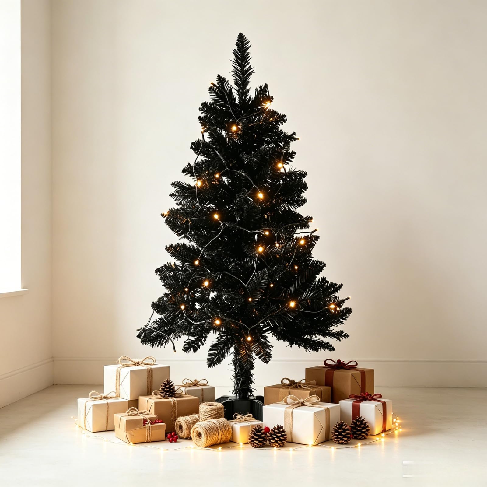 Sapin de Noël noir de 91 cm avec lumières – Petit sapin de Noël artificiel à charnière – Comprend une guirlande lumineuse de 50 LED, 160 branches denses et un support amovible – Sapin de Noël rose