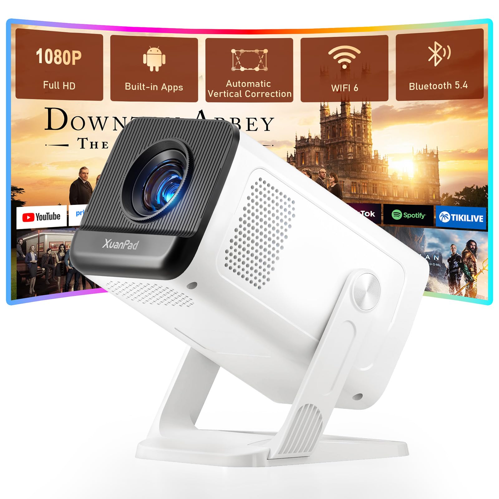 【Built-in Android 14】XuanPad Mini Projector with Wi-Fi and Bluetooth, Full HD 1080P Smart Portable Projector with 210° Stand, Auto Vertical Keystone, Compatible with HDMI/USB/TV Stick/Phone/Laptop