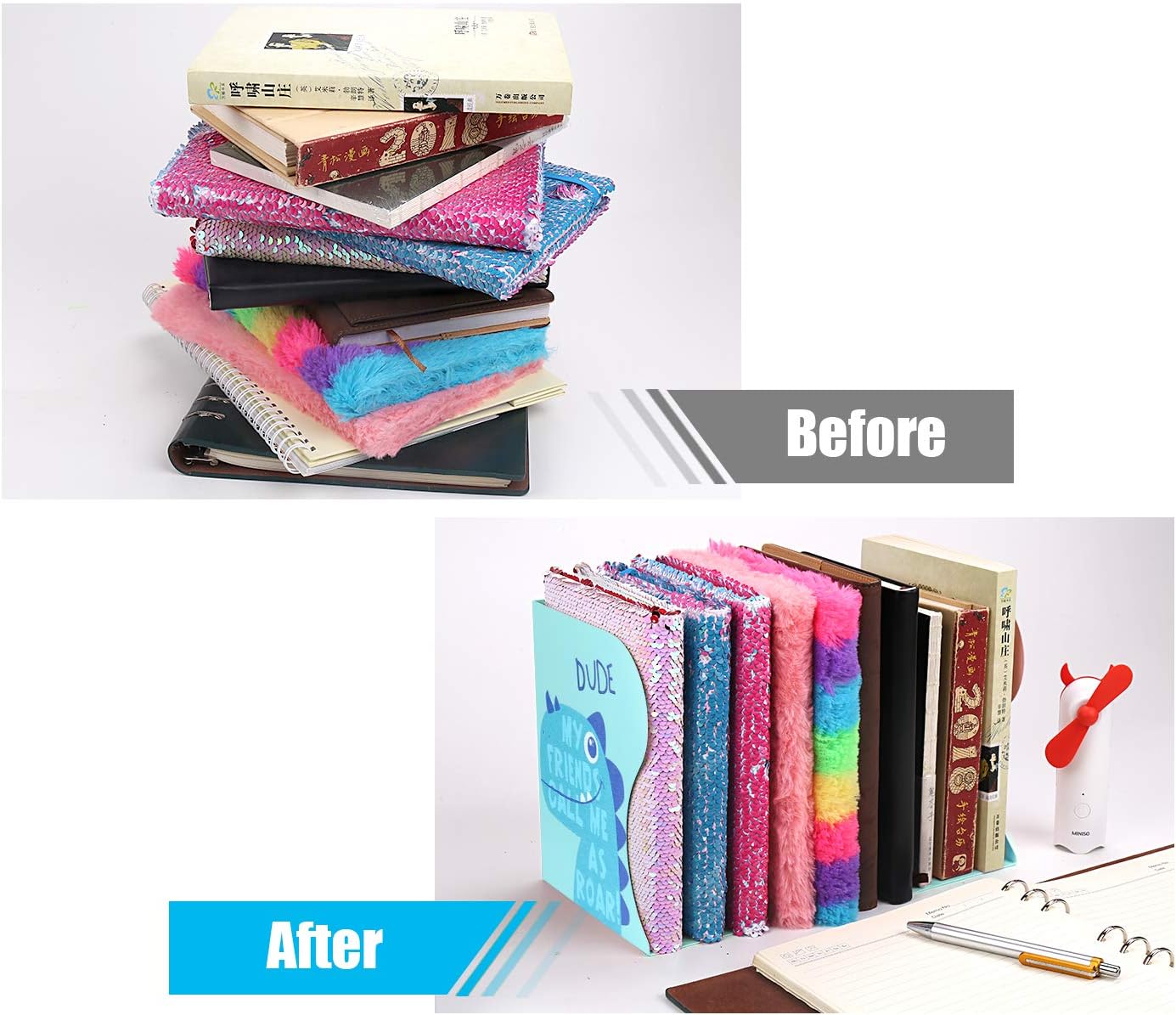 VAlinks Adjustable Bookends for Kids, Folding Cartoon Student Metal Book Racks, Book Holder for Heavy Books, Magazine File Book Stands, Desktop Organizer Bookshelf for Room, Library, Office