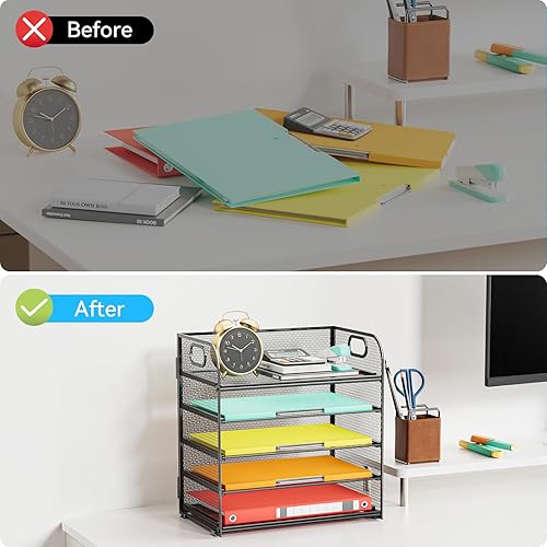 Miniatura 6 de Bandeja organizadora de papel con asa, organizador de escritorio apilable negro de 5 niveles con malla de metal, bandeja de papel resistente para