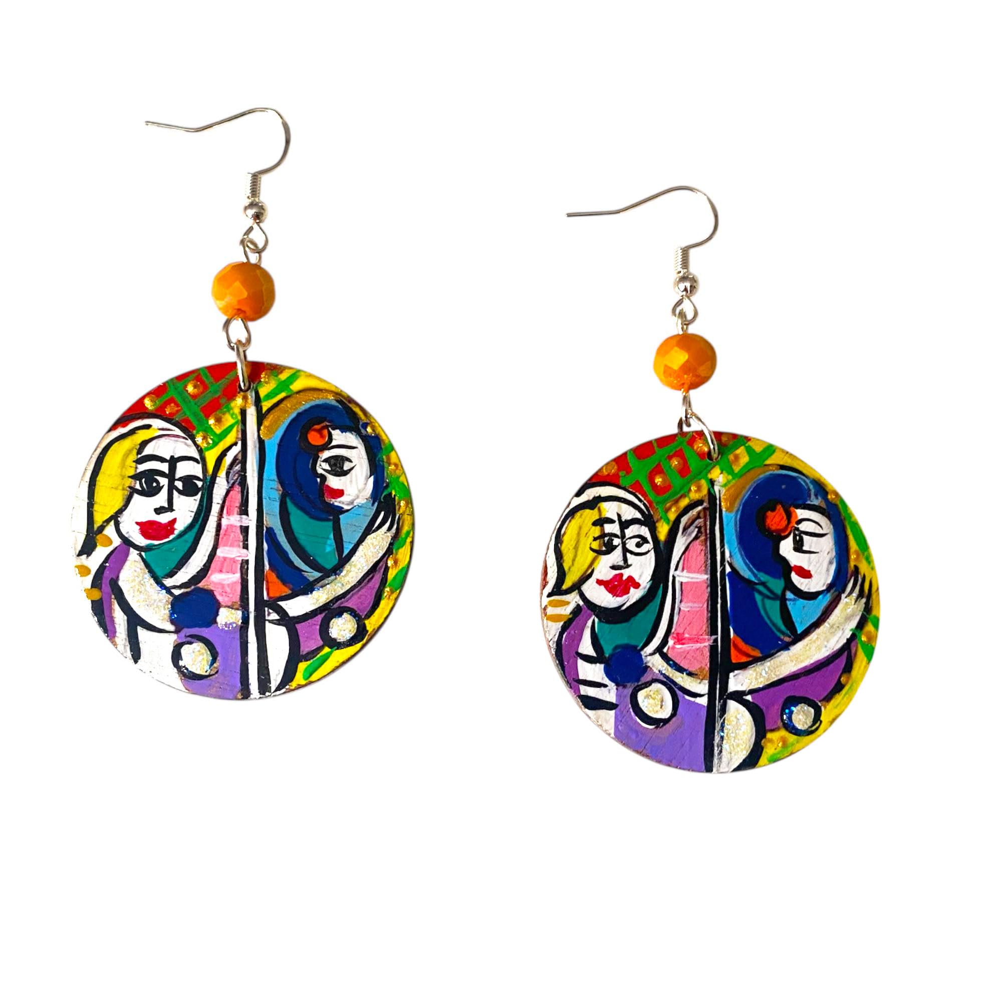 Boucles d'oreilles peintes à la main - LA FILLE AU MIROIR PAR PICASSO - Boucles d'oreilles pour femmes, Bijoux en bois peint, Crochet en argent, Made in Italy, Bijoux, Artisanat