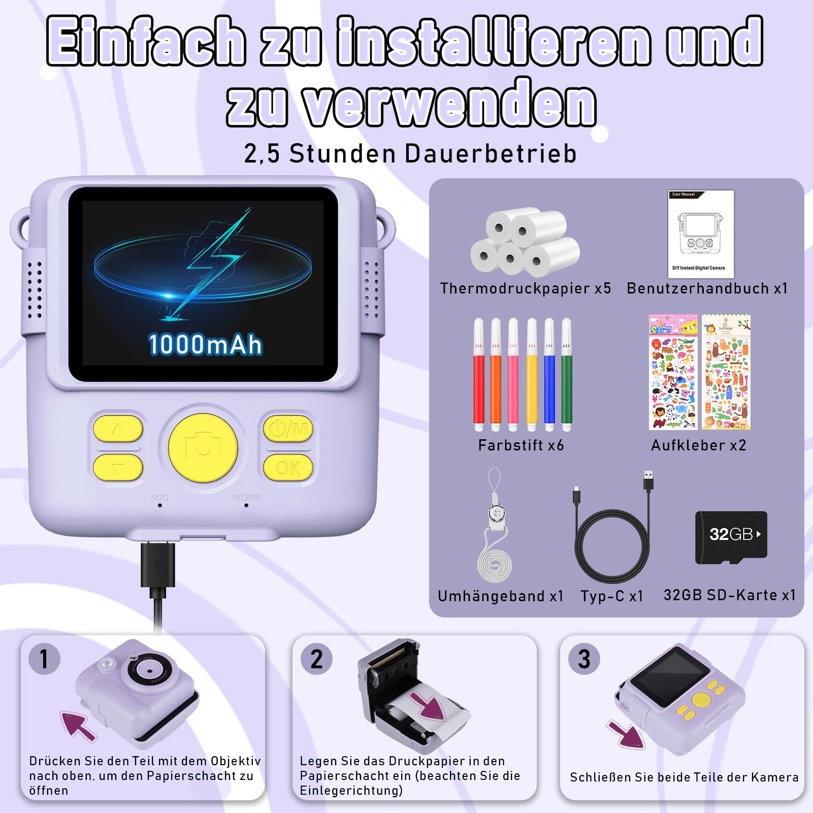 MILFECH Kinderkamera Sofortbildkamera, 1080P 2,4 Zoll Bildschirm DigitalKamera Kinder mit 5 Rollen Druckpapier,32GB Karte, Fotokamera mit 6 Farbigen Stiften,2 Aufkleber Geschenk für Kinder (Lila)