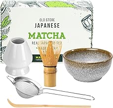 KAISHANE Bamboo Matcha Tea Whisk Set of 5 Including 100 Prong Matcha Whisk, Whisk Holder,Traditional Scoop,Tea Sifter,and Ceramic Matcha Bowls