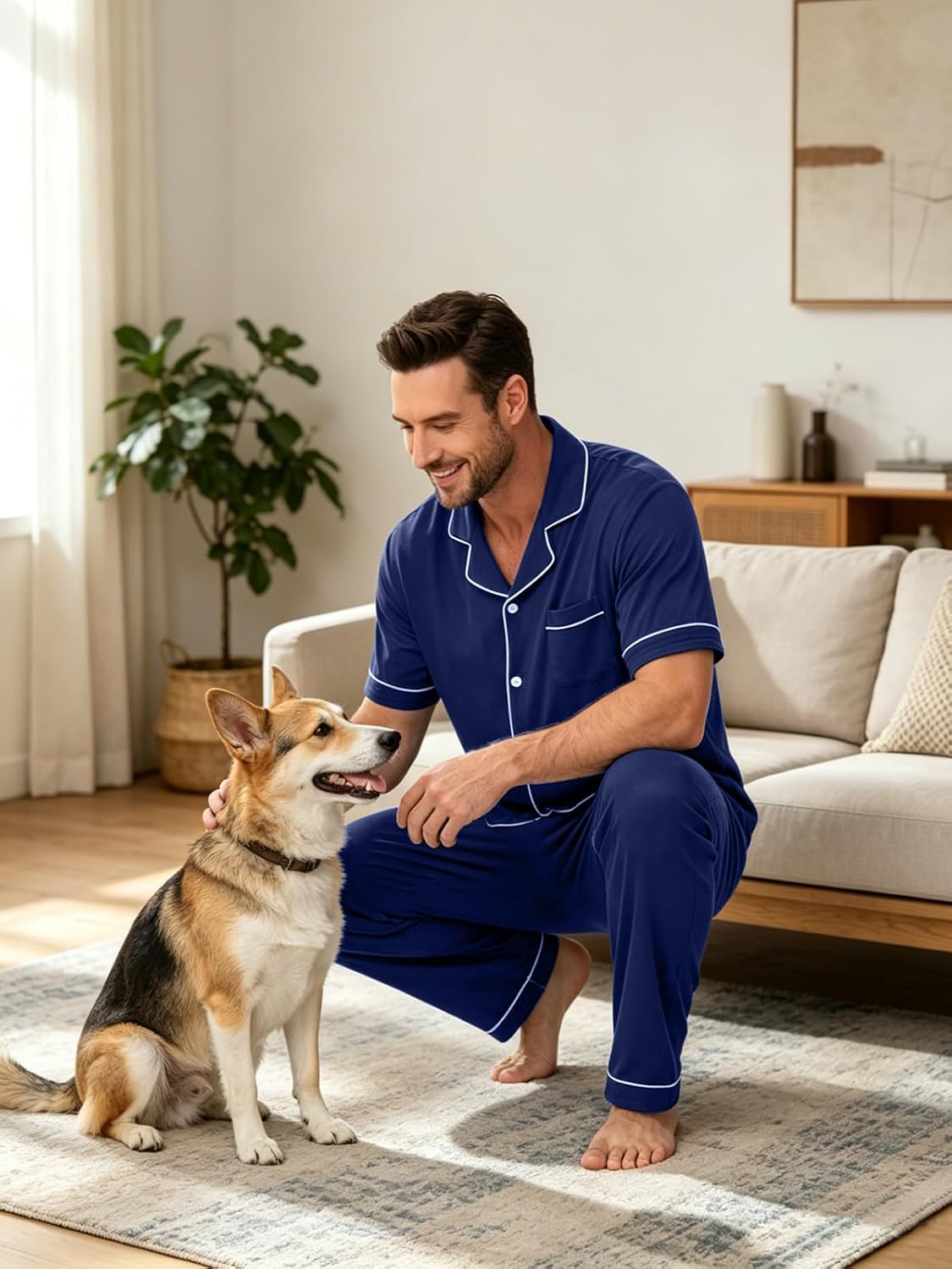 Mens Pajama Set Short Sleeve Long Pants Sleepwear, S-3XL