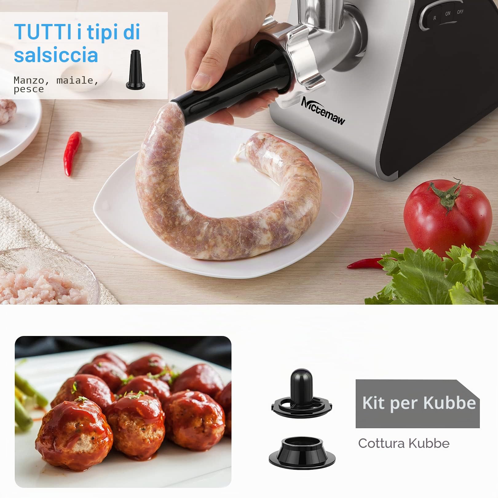 Tritacarne Elettrico Professionale 2000W con Insaccatrice e Accessorio Biscotti | 5 in 1 Macchina per Macinare Carne con 3 Dischi, 4 Lame e Accessori per Salsicce, Kibbe, Verdure e Dolci