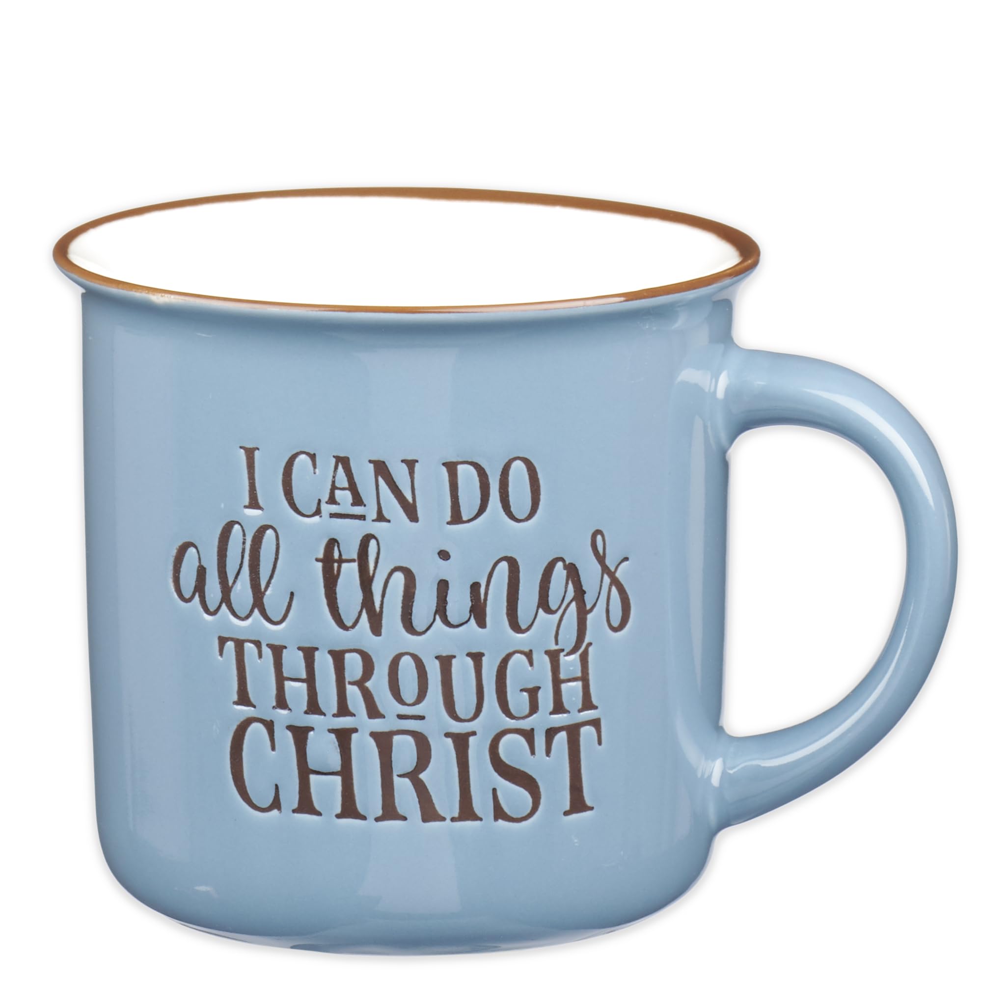 Christian Art Gifts Blue Camp Style Ceramic Coffee Mug – 13 oz. Microwave and Dishwasher Safe Inspirational Scripture Coffee & Tea Mug with Bible Verse: I Can Do All Things Through Christ – Phil. 4:13