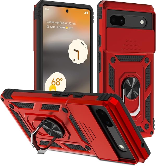 VAKS Compatible with Google Pixel 6a Case, Heavy Duty Protective case with Ring Kickstand and Sliding Camera Cover for Google Pixel 6a, Red