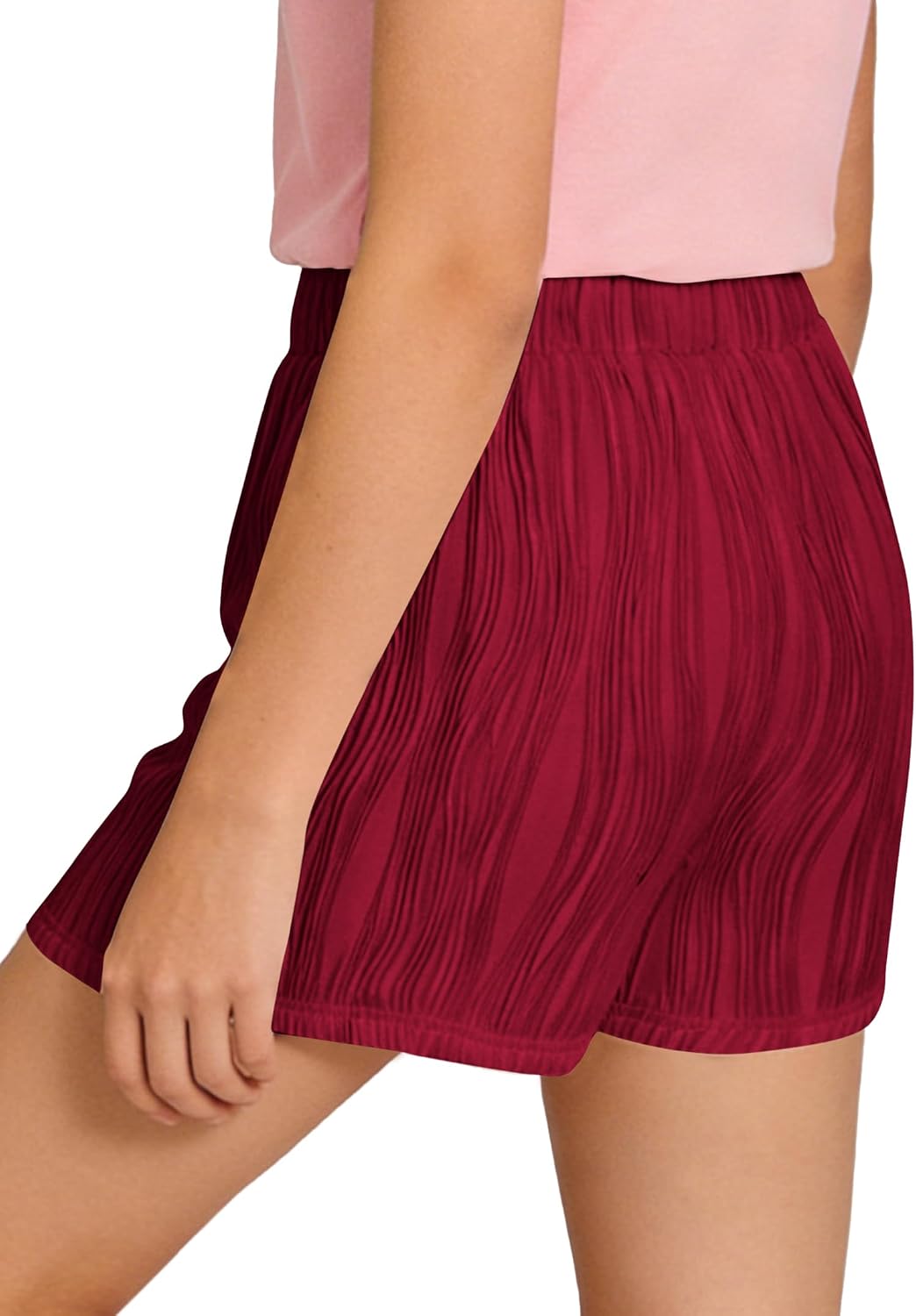 Hilinker Girls Pleated Texture Shorts Elastic Waist Cute Casual Summer Wide Leg Shorts