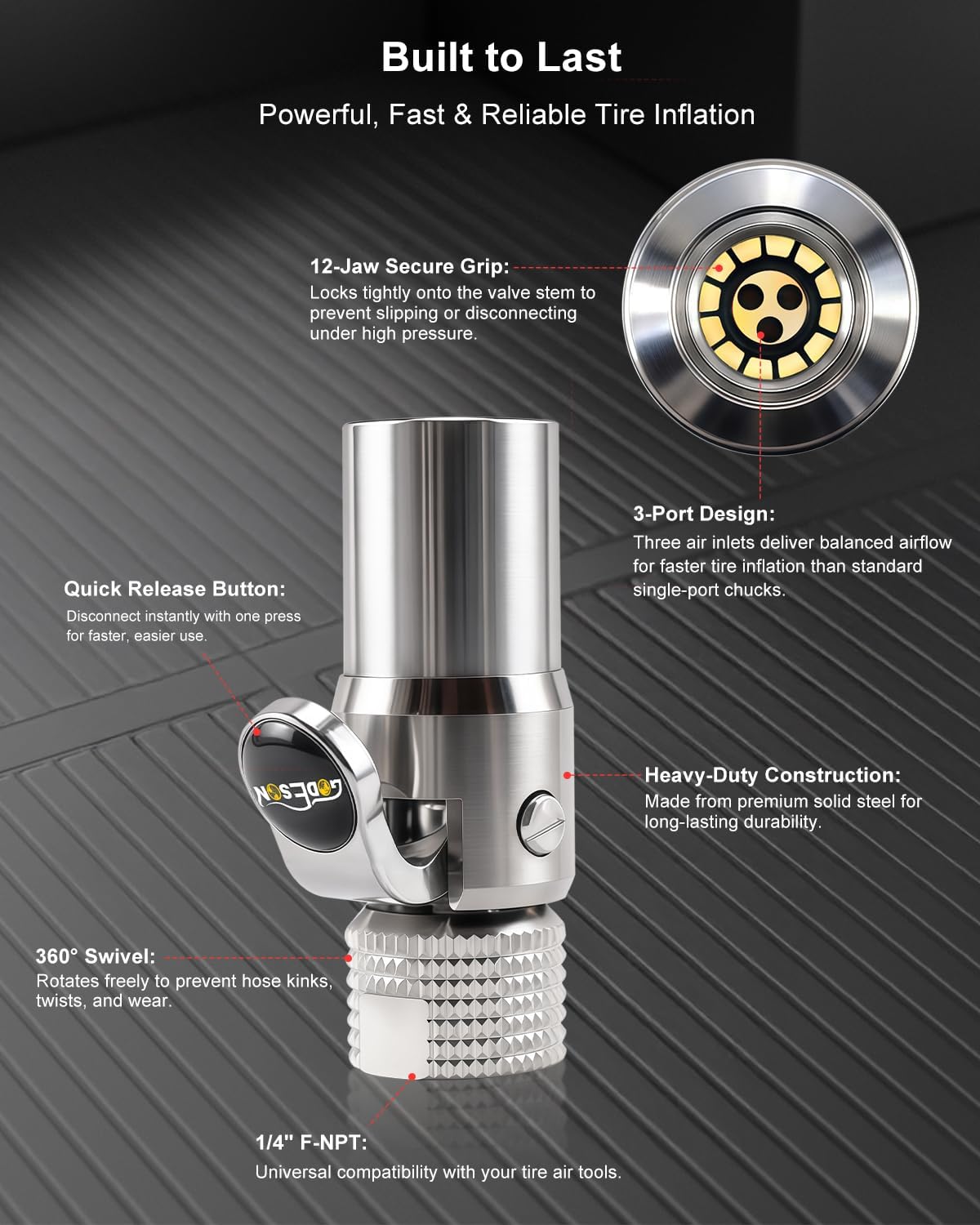 GODESON Locking Air Chuck, 12-Jaw No-Leak Design, 1/4" NPT Closed Flow Tire Chuck, Quick Connect Tire Inflator Nozzle for Schrader Valves - Air Compressor Attachment for Cars, Trucks & RV