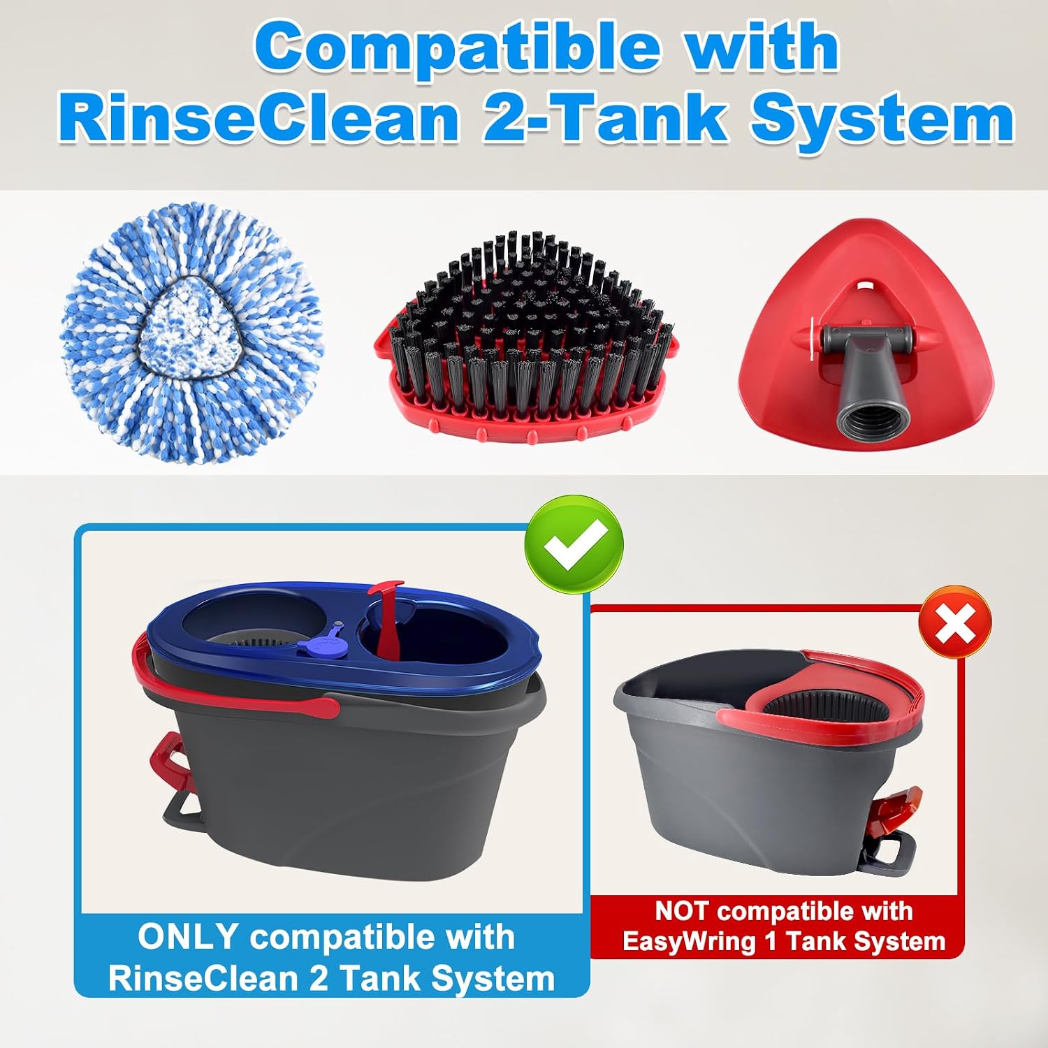 Spin Mop Handle,Replace Head,Scrub Brush Head and Base for Ocedar Rinseclean 2 Tank System,Include 4 Section Durable Mop Stick,2 Microfiber Mop Heads Replacements,1 Scrubber 1 Base,Bucket Not Included