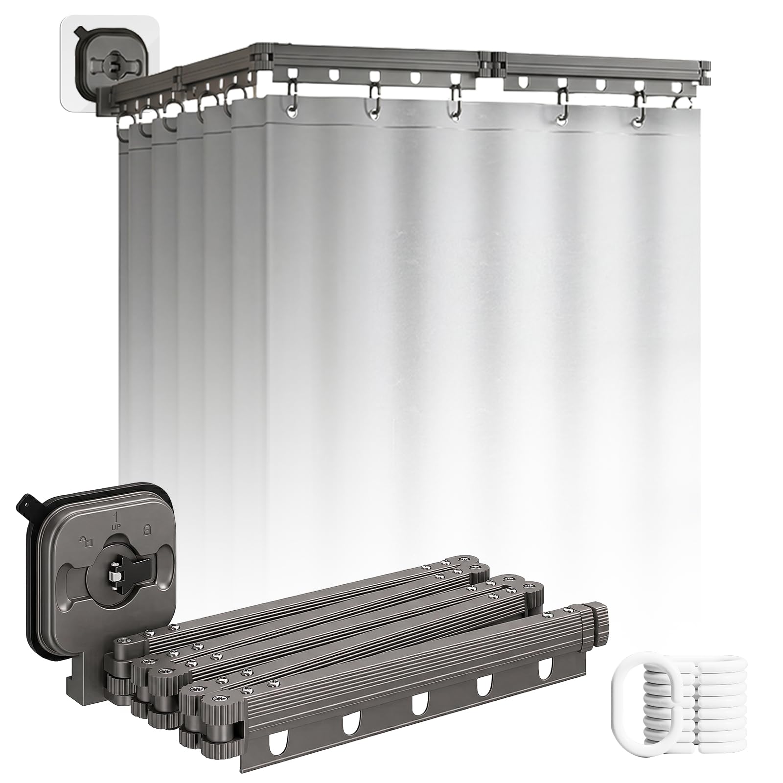 Rideau De Douche Sans Perçage, Tringle à Rideau De Douche Pliable Avec Ventouses, Rideau Douche (1,8x2m), Tige d'Angle avec Anneaux, pour Salles de Bain, Baignoire, Vestiaires(noir, 4 Plis)
