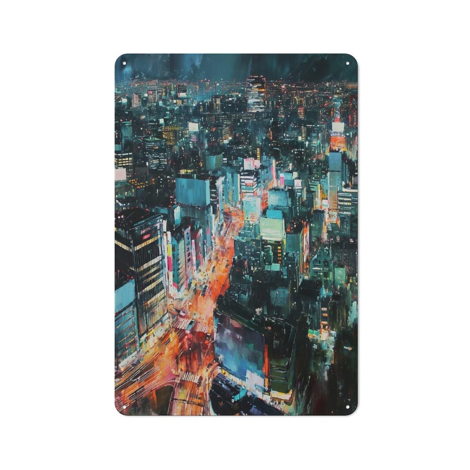 Junmoney Night Cityscape Painting Workshop Style Metal Wall Decor 30X20cm, Tin Sign For Tool Room, Garage, Studio Or Home Bar