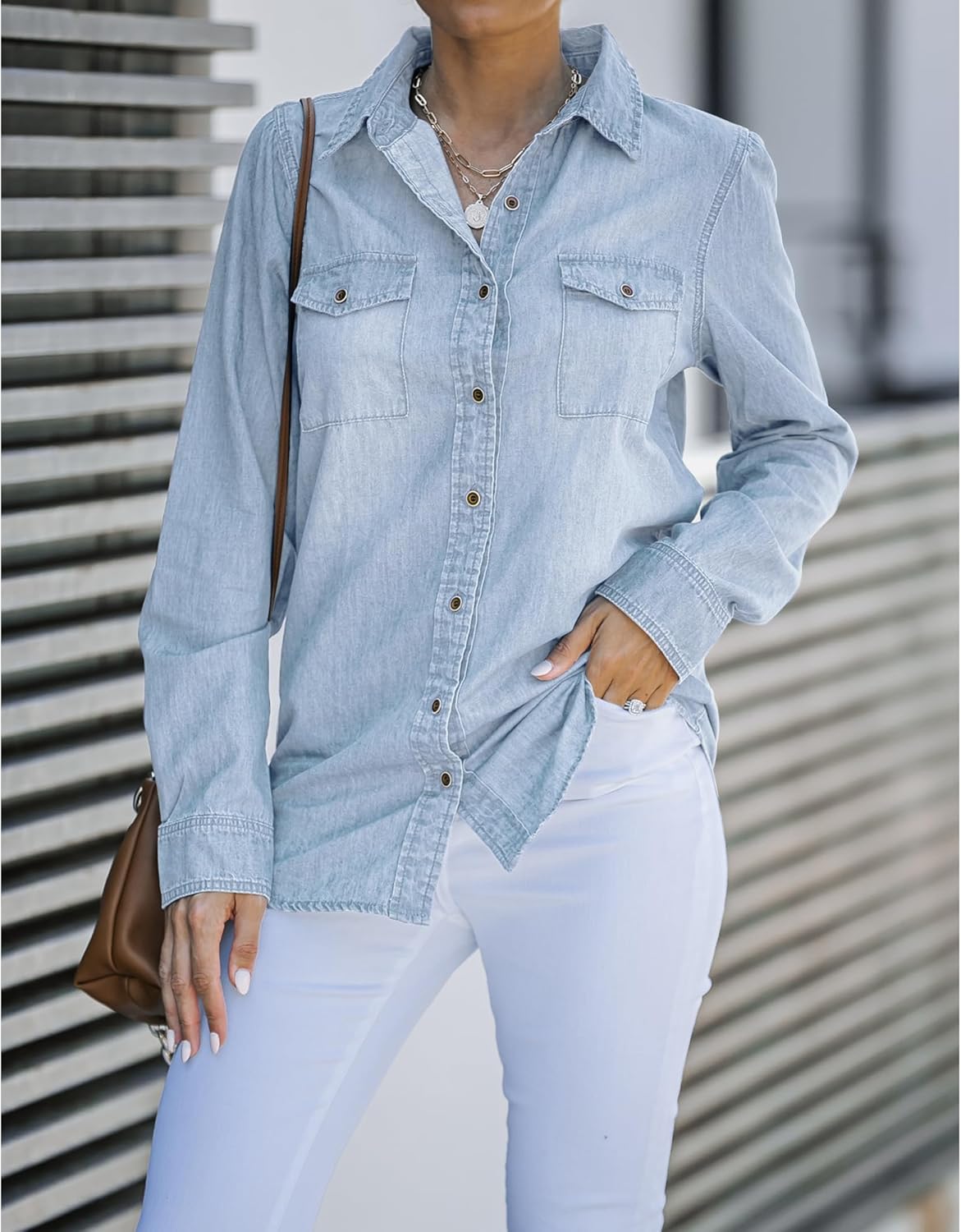 LookbookStore Women's Long Sleeve Collared Shirt Button Down Denim Blouse Tops - Image 2