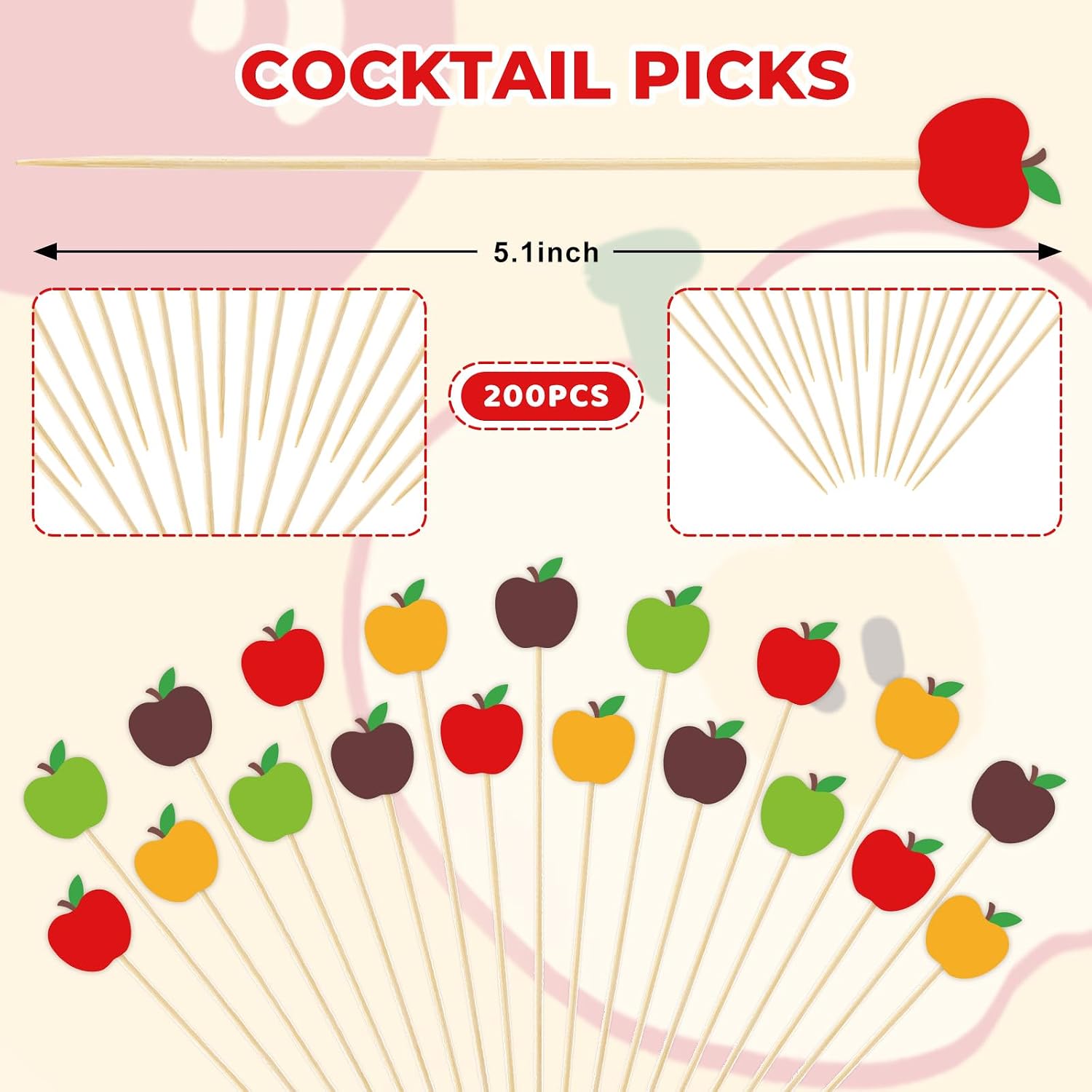 Whaline 200 Pcs Fall Cocktail Picks Apples Long Food Appetizer Skewer Toothpicks for Autumn Back to School Fruit Drink Dessert Party Decor Supplies