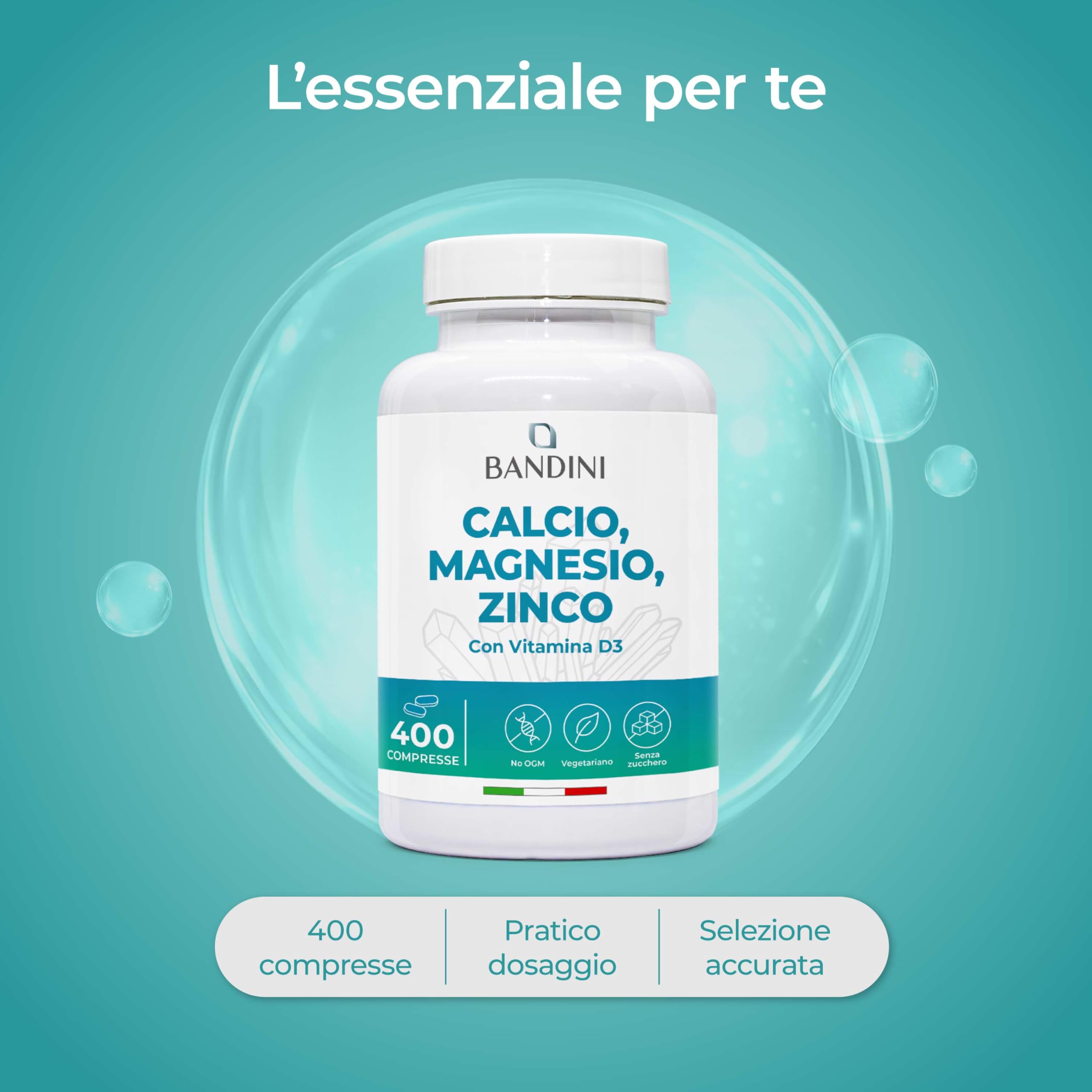 Bandini® Calcio Magnesio Zinco Vitamina D3 + K2 MK7 | 400 Compresse Vegetariane | con Rame, Selenio, Manganese, Boro | Multivitaminico ad Alto Assorbimento | Ossa Muscoli Pelle Capelli Immunità
