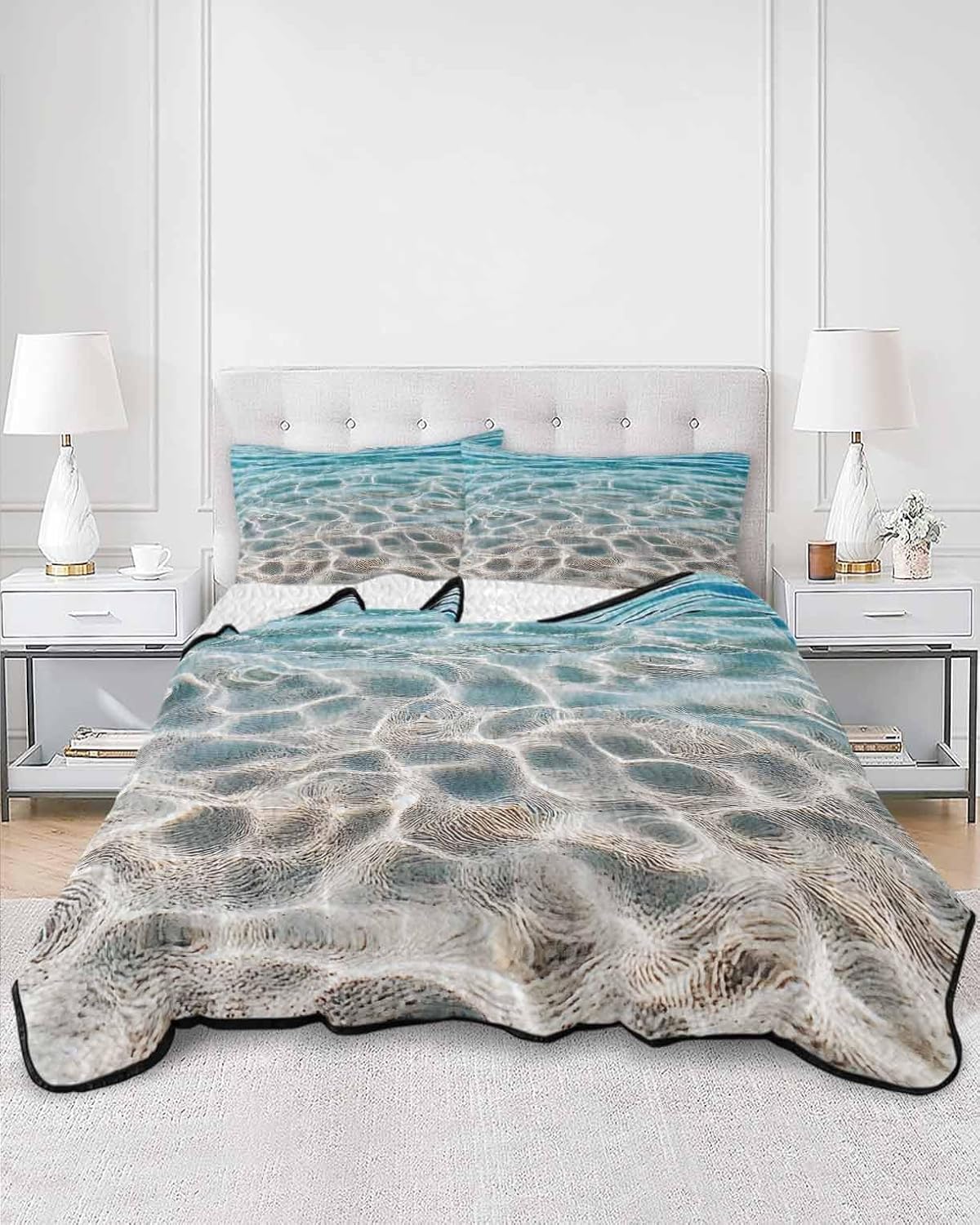 Queen Size Quilt Set, Ocean Blue Sea Water Ripple Lightweight Bedspread Coverlet Set Soft Microfiber Summer Quilt with 2 Pillow Shams, Summer Beach Teal Wave 3 Piece Comforter Bedding Set