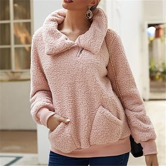 HOULENGS Women's Casual Long Sleeve Faux Fur Sweatshirt Half Zip Lapel Collar Sherpa Pullover Tops with Pockets