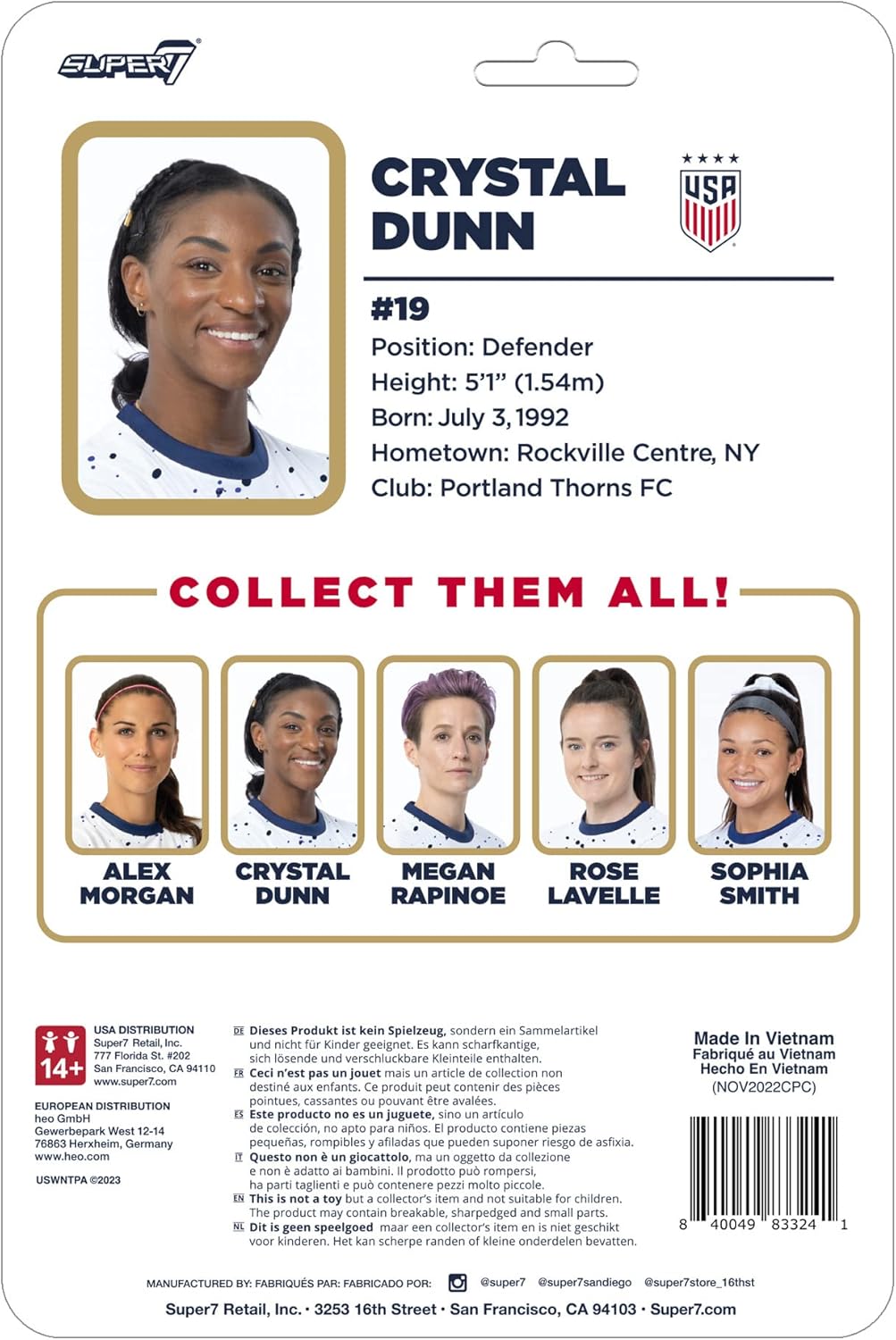 Super7 USWNT Soccer Crystal Dunn - 3.75" U.S. Women's National Team Action Figure with Soccer Ball Accessory Sports Collectibles and Retro Toys