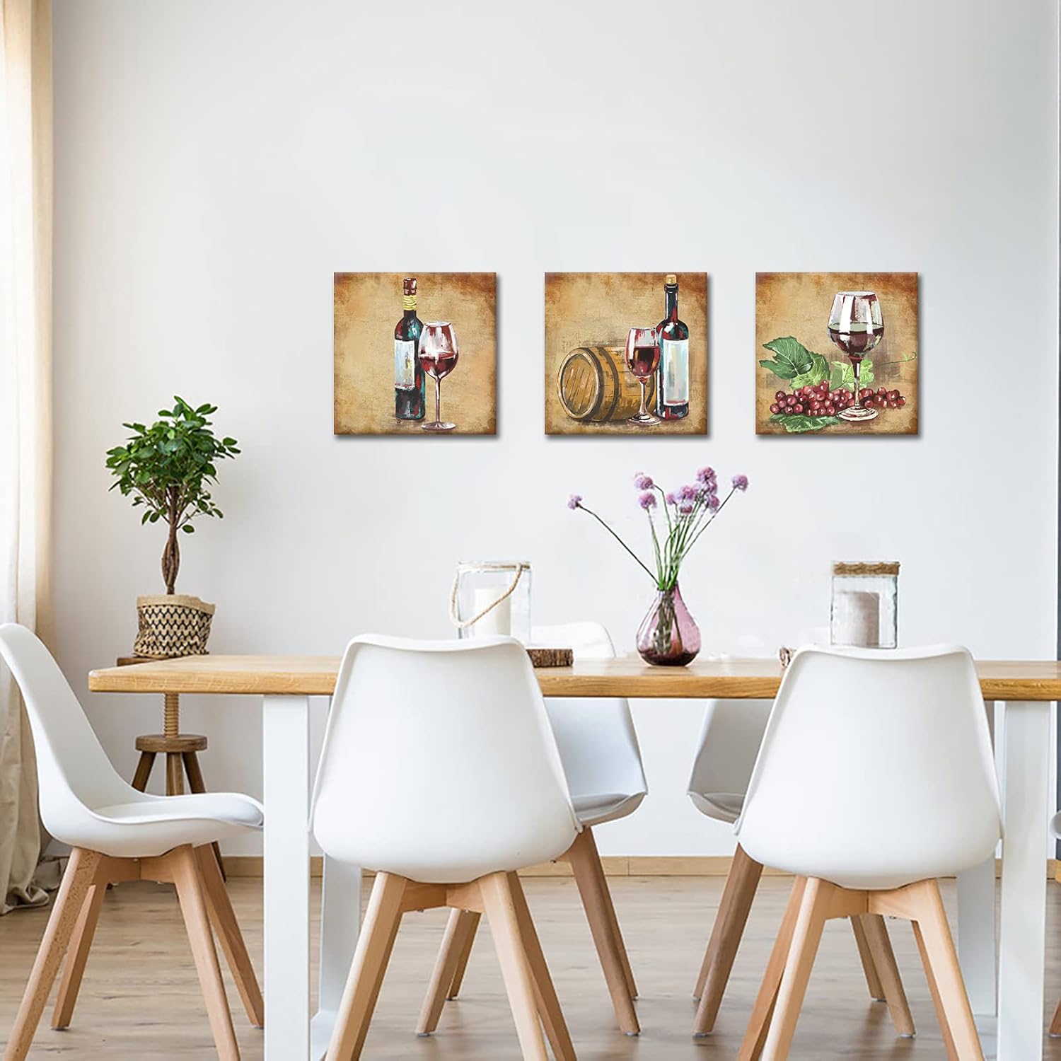 KLVOS 3 Panel Kitchen Canvas Wall Art Retro Red Wine Grape Barrel Canvas Retro Food Painting Prints Wall Decor for Modern Bar Dining Room Home Decoration Stretched Framed 12x12inchx3pcs